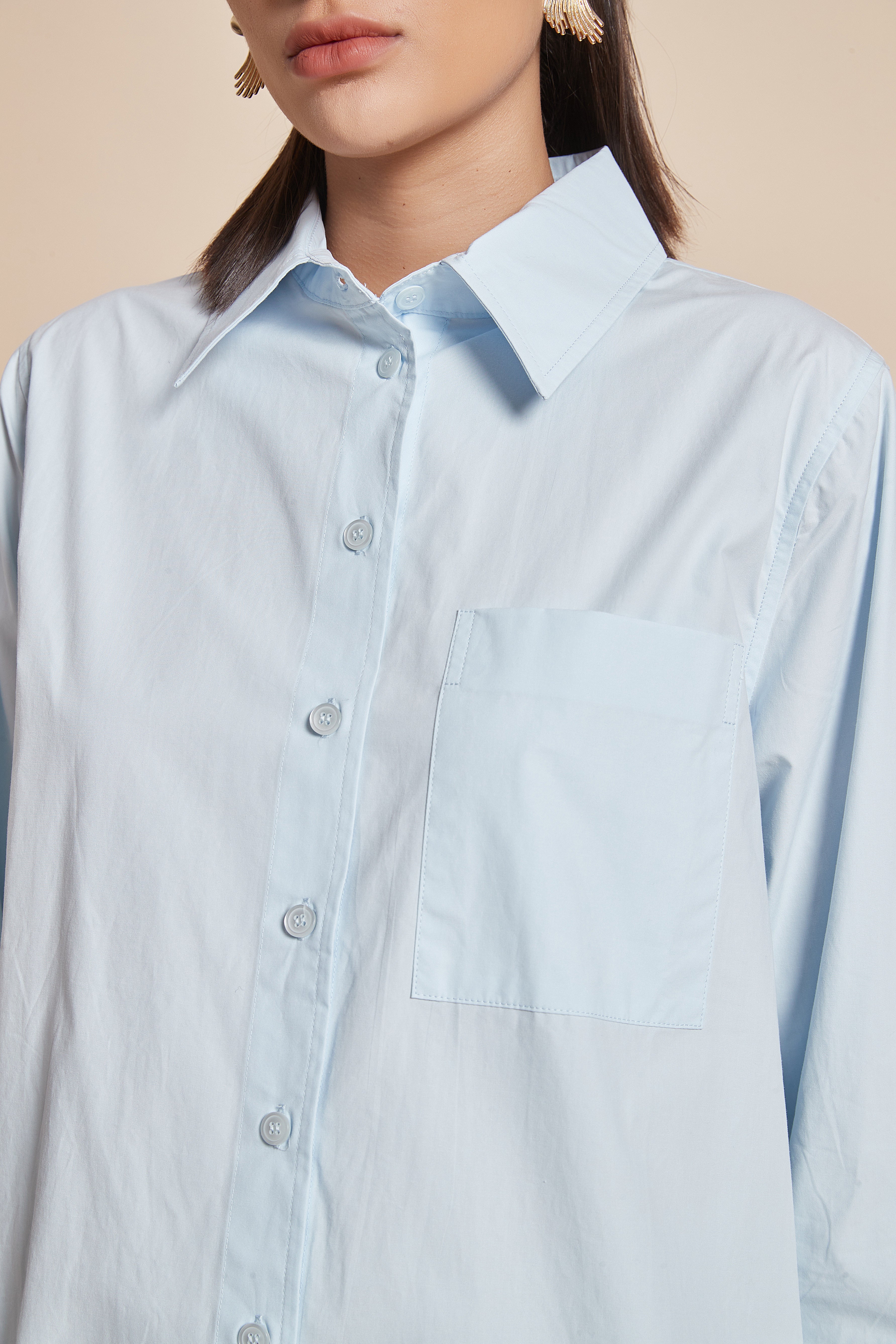 Yola Plain Hip-Length Women's Blouse with Long Sleeves, Shirt Collar, and Front Buttons