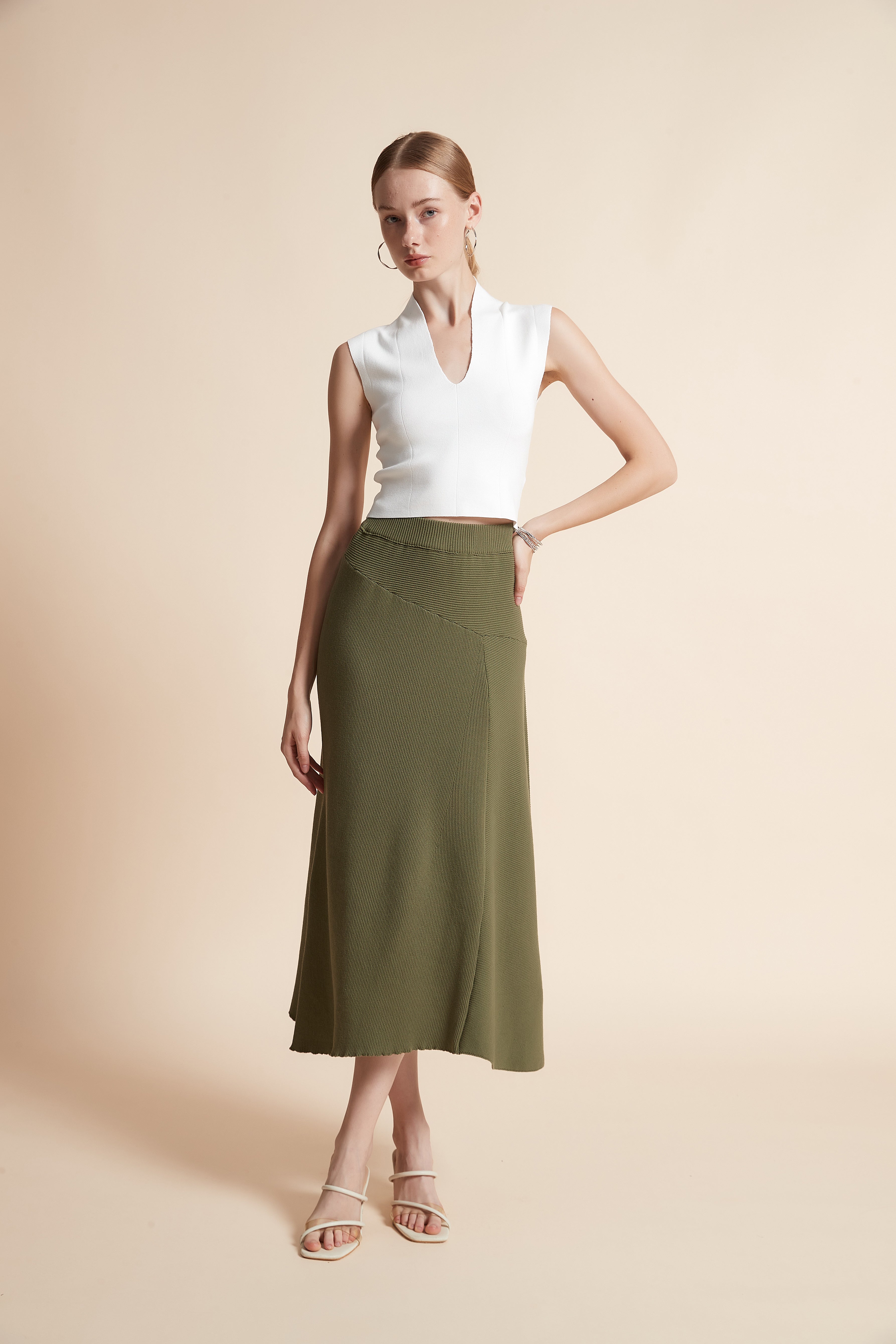Solid Woven Midi Skirt