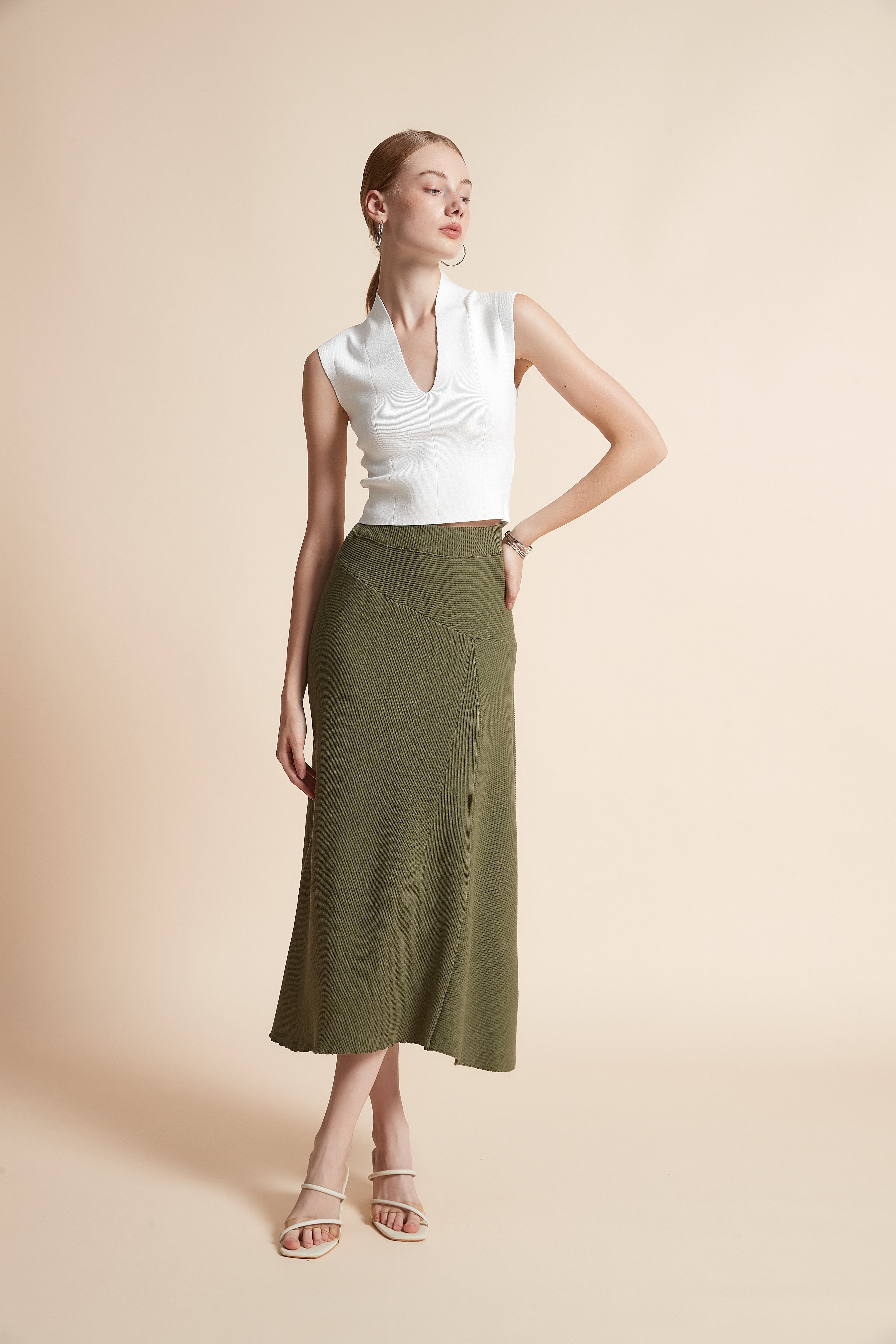 Solid Woven Midi Skirt