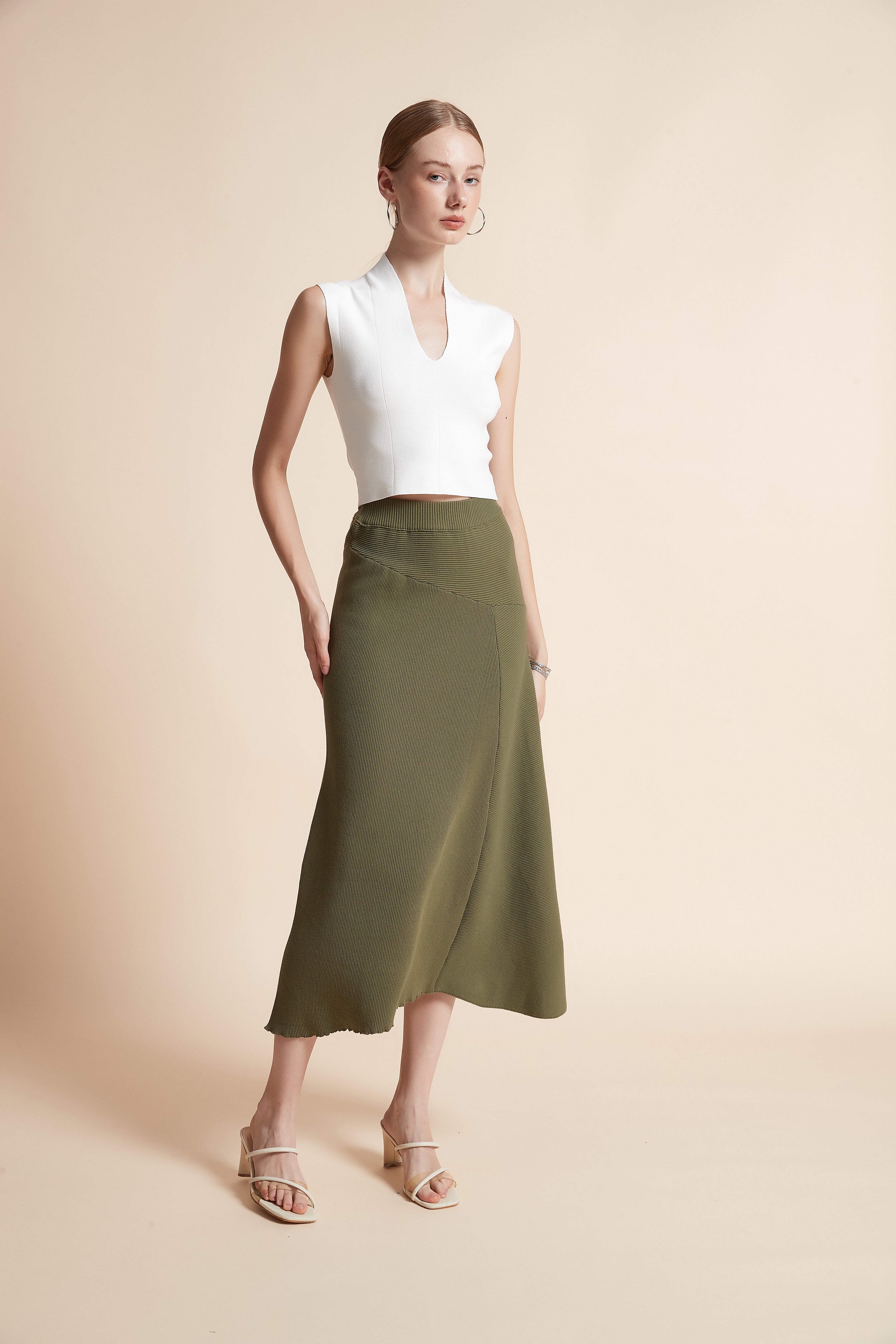 Solid Woven Midi Skirt
