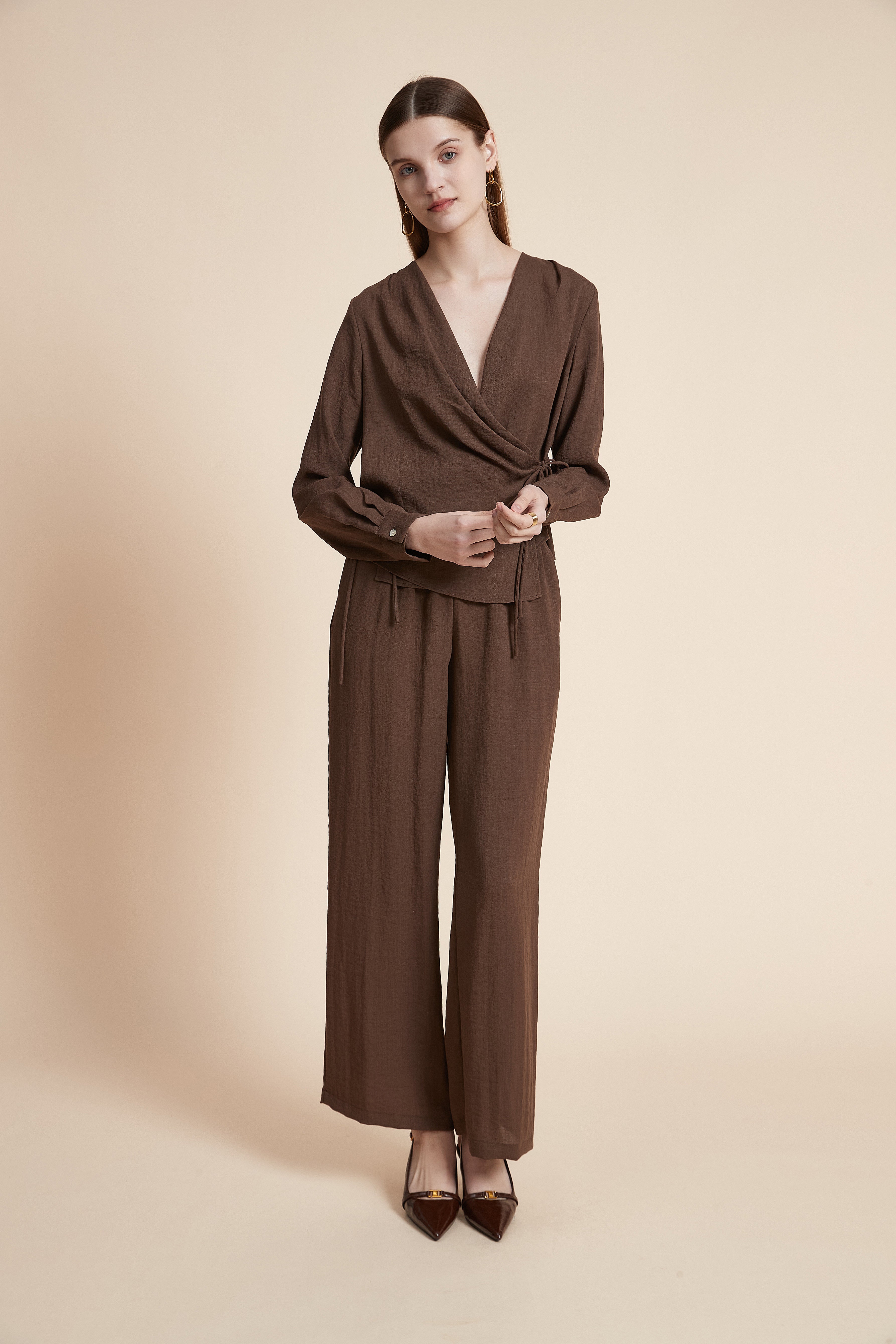 Solid Long Sleeve Wrap Blouse