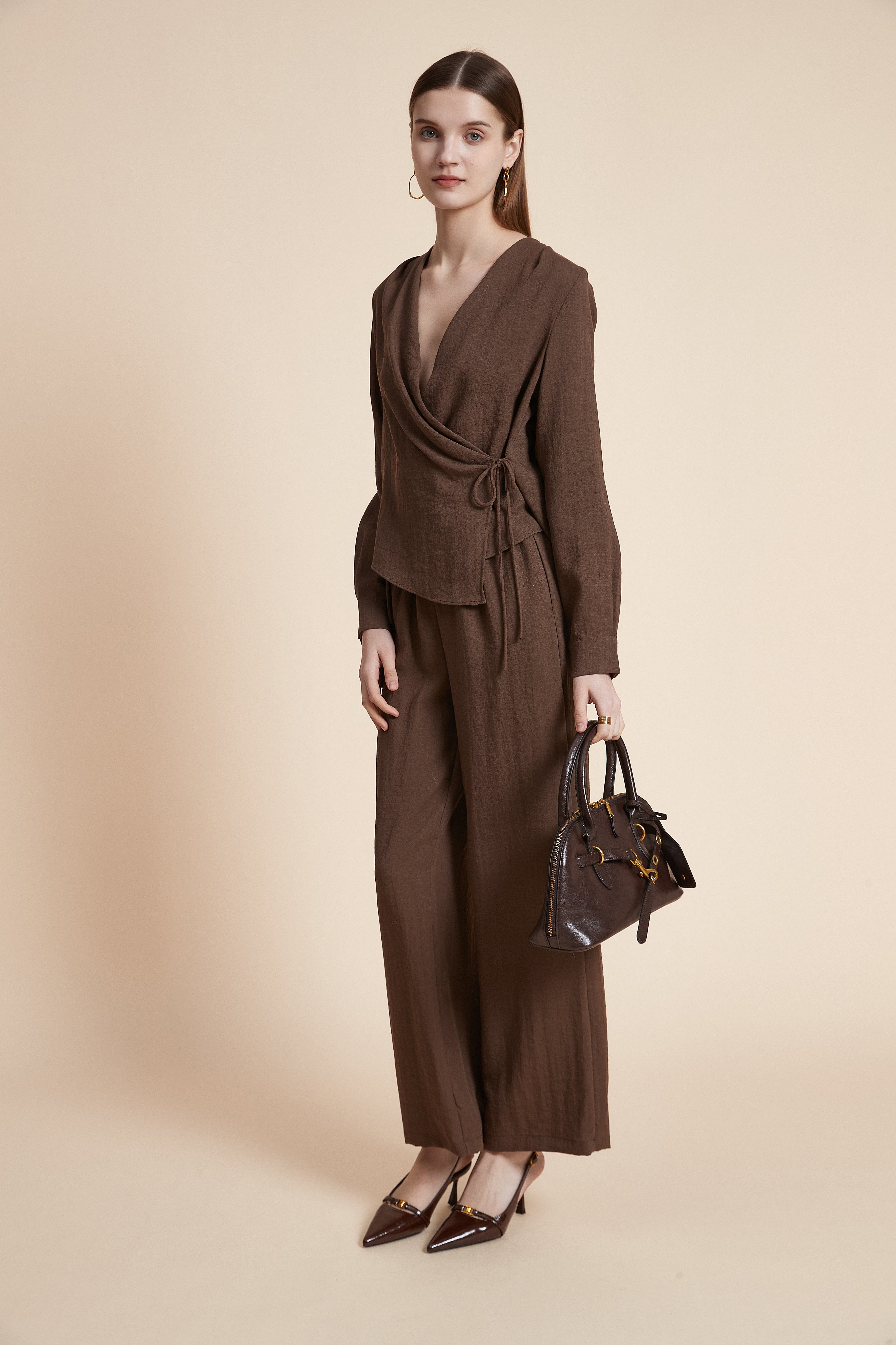 Solid Long Sleeve Wrap Blouse