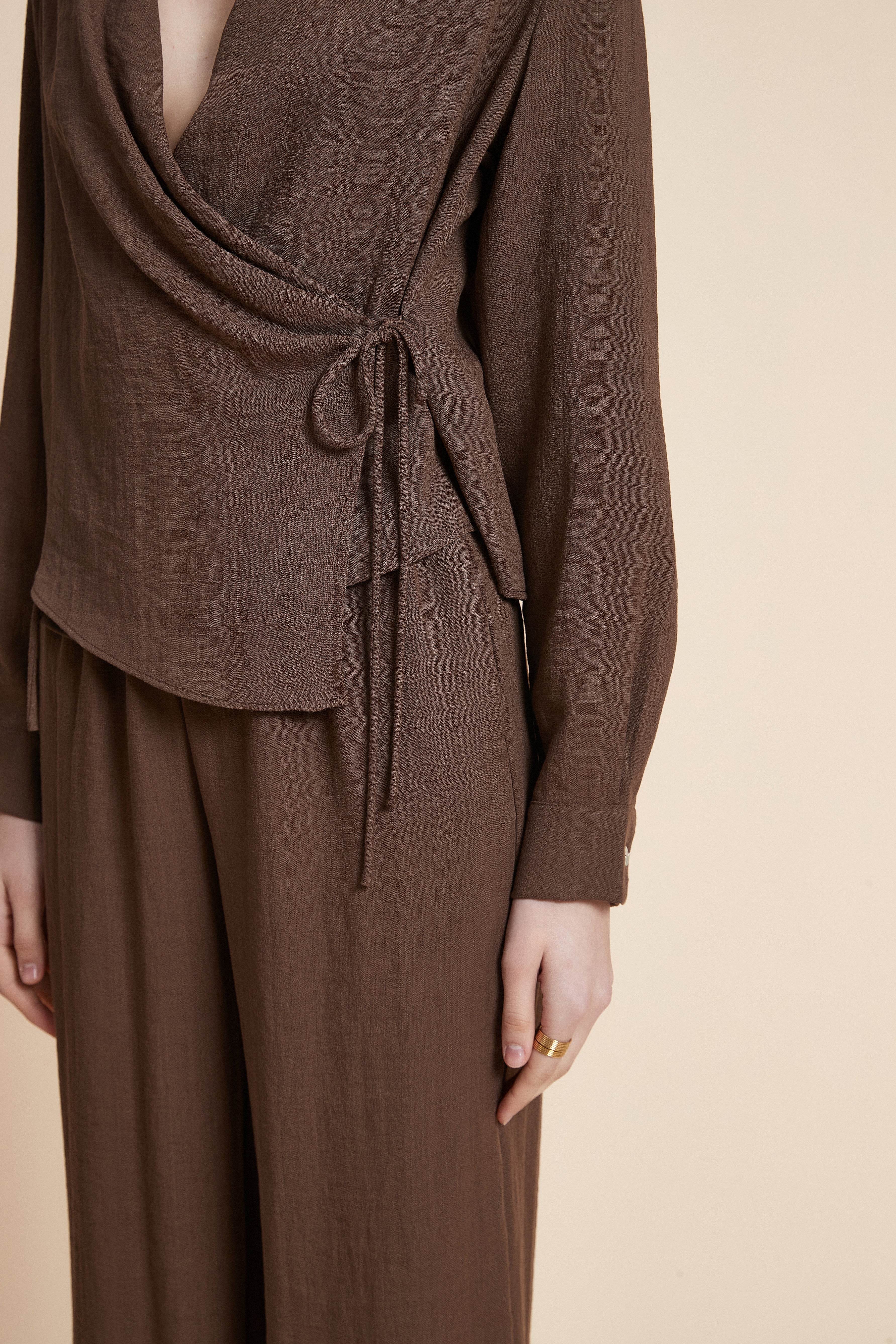 Solid Long Sleeve Wrap Blouse