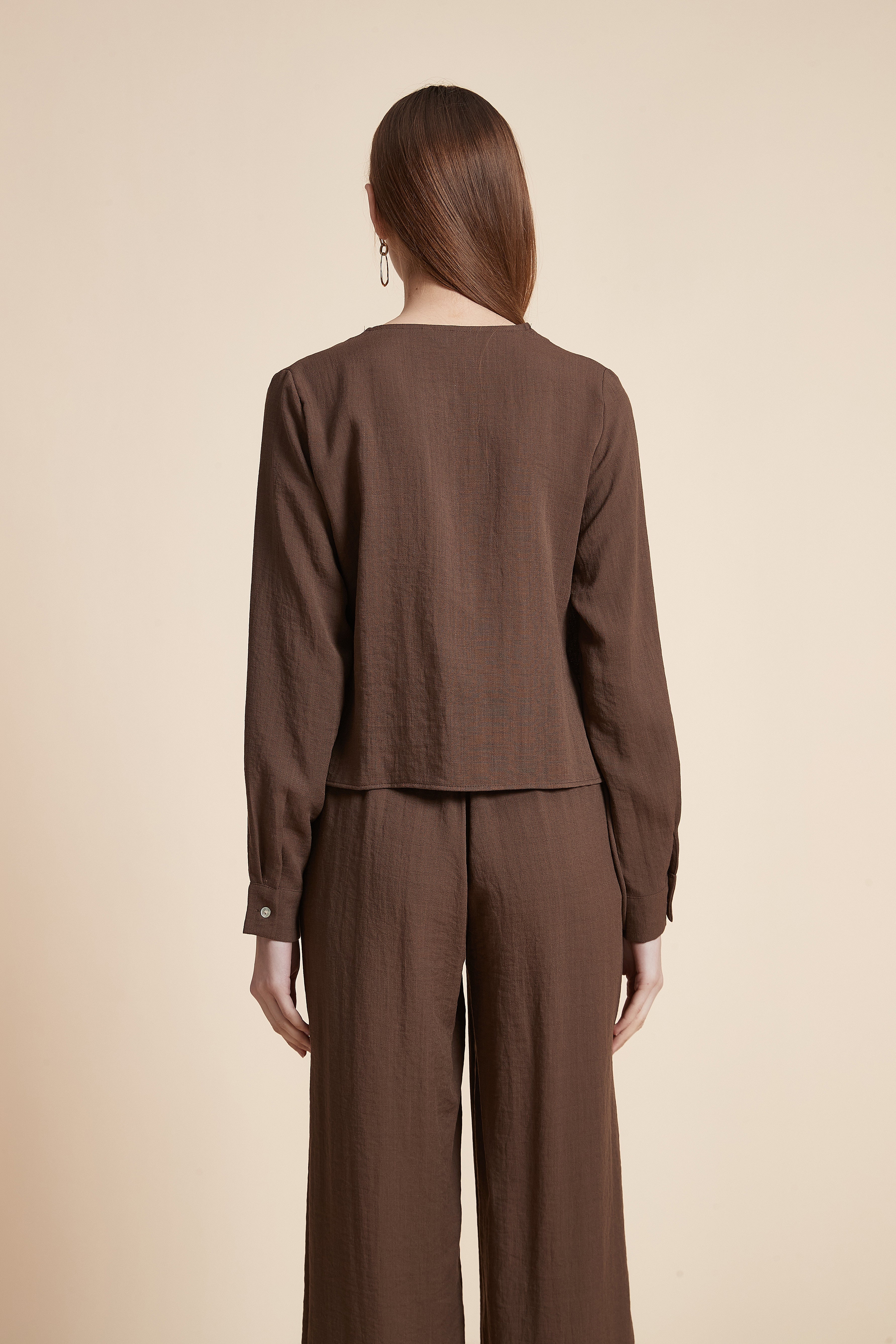 Solid Long Sleeve Wrap Blouse