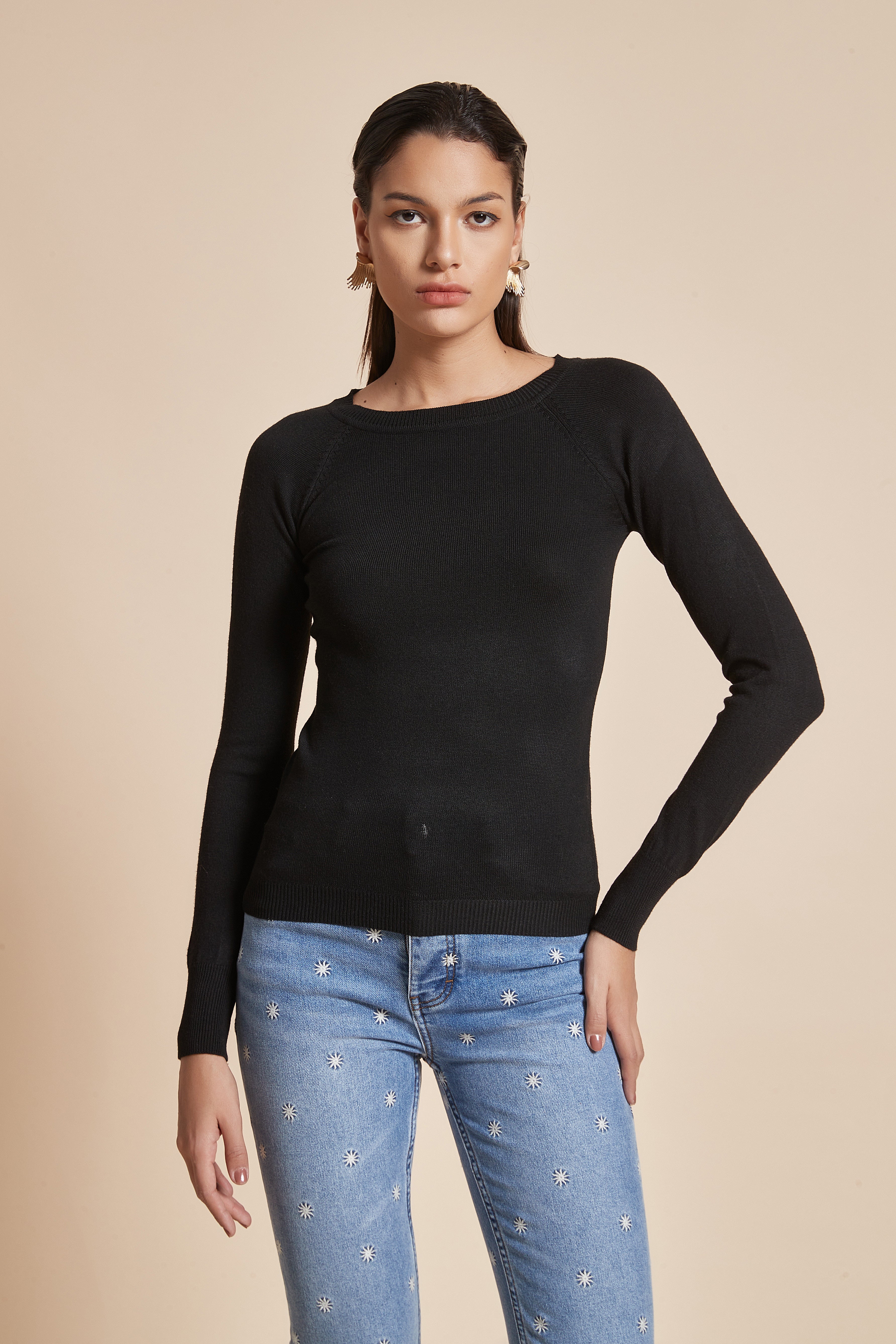 Fitted Plain Blouse with Long Sleeves