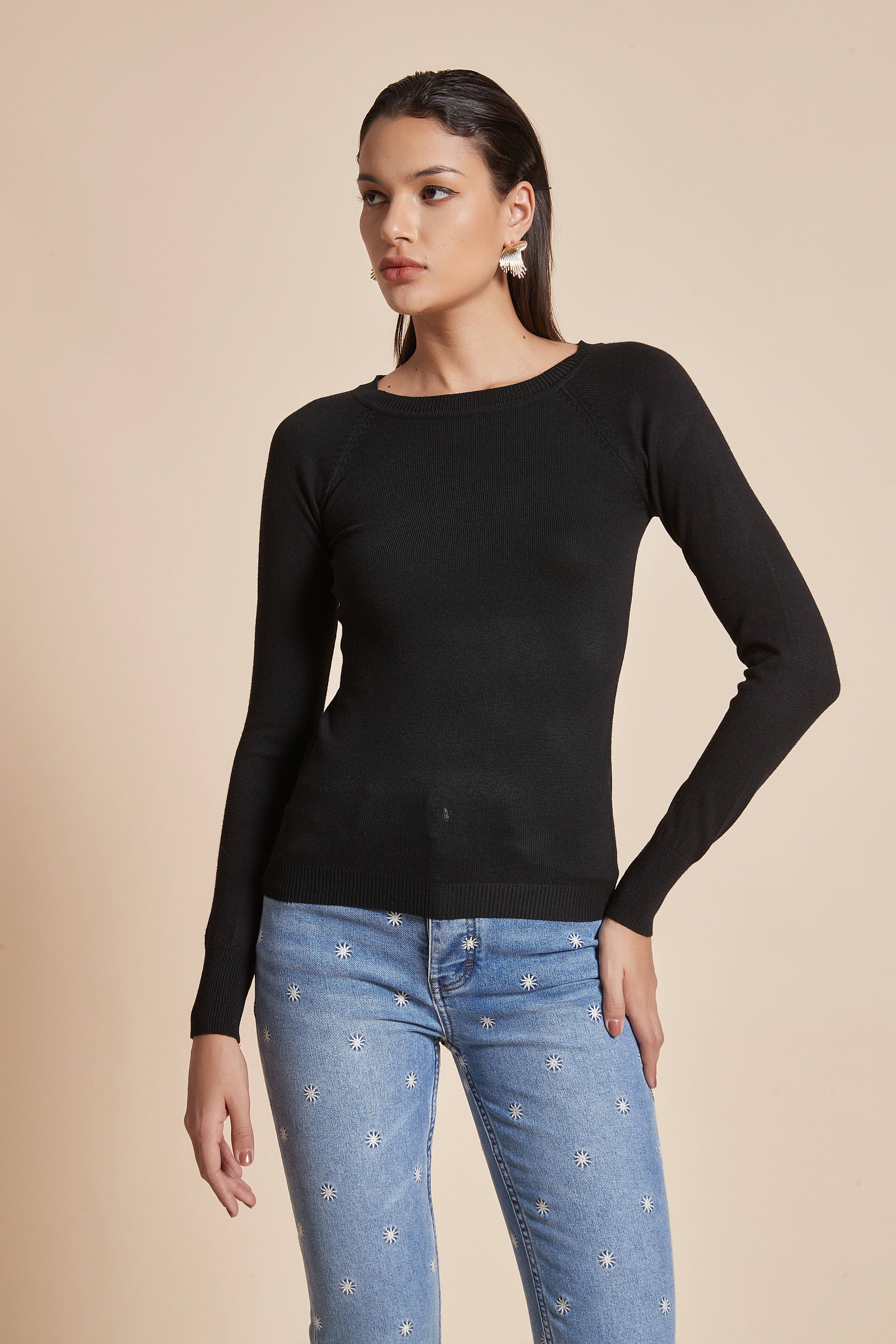 Fitted Plain Blouse with Long Sleeves
