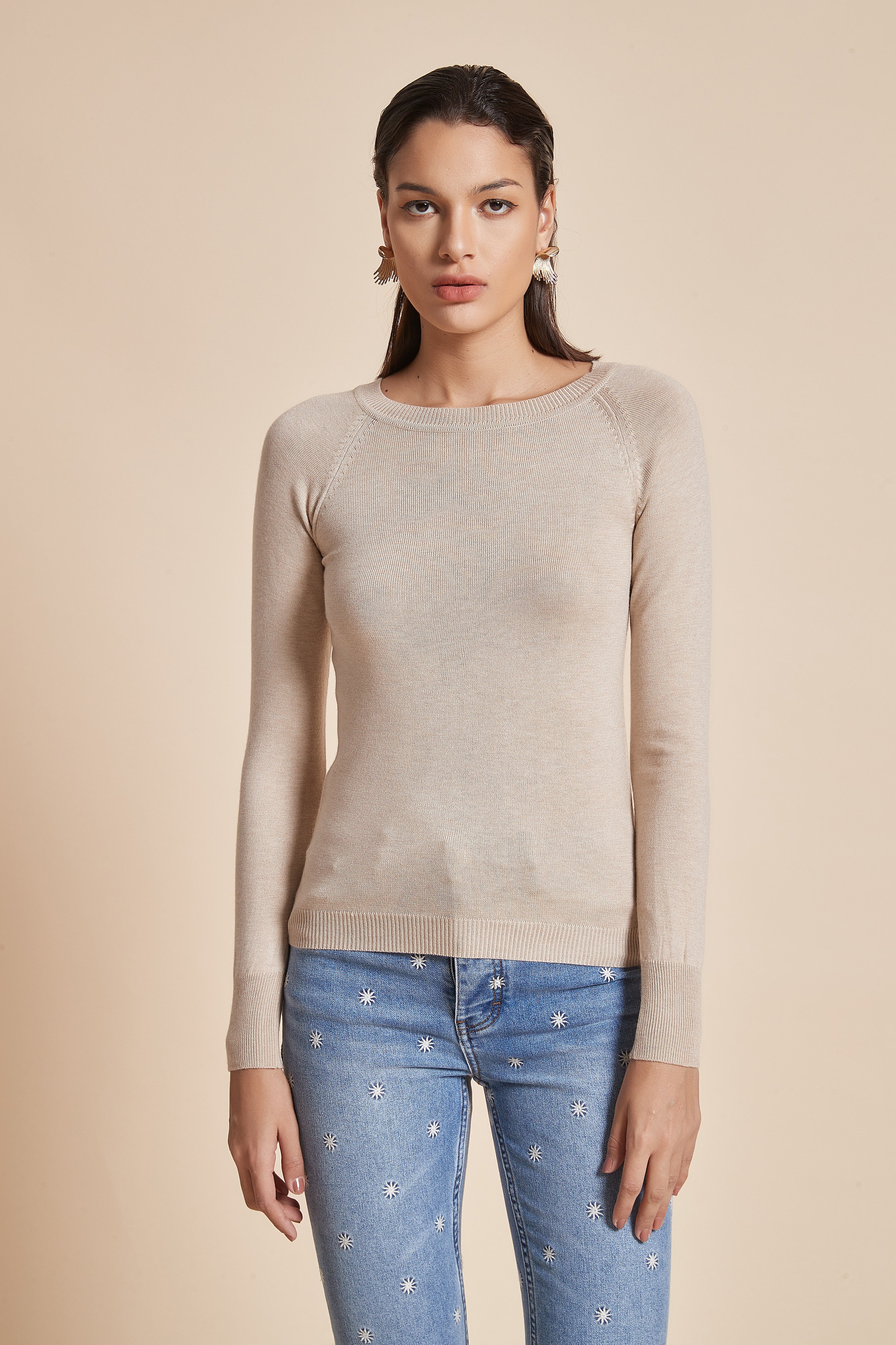 Fitted Plain Blouse With Long Sleeves