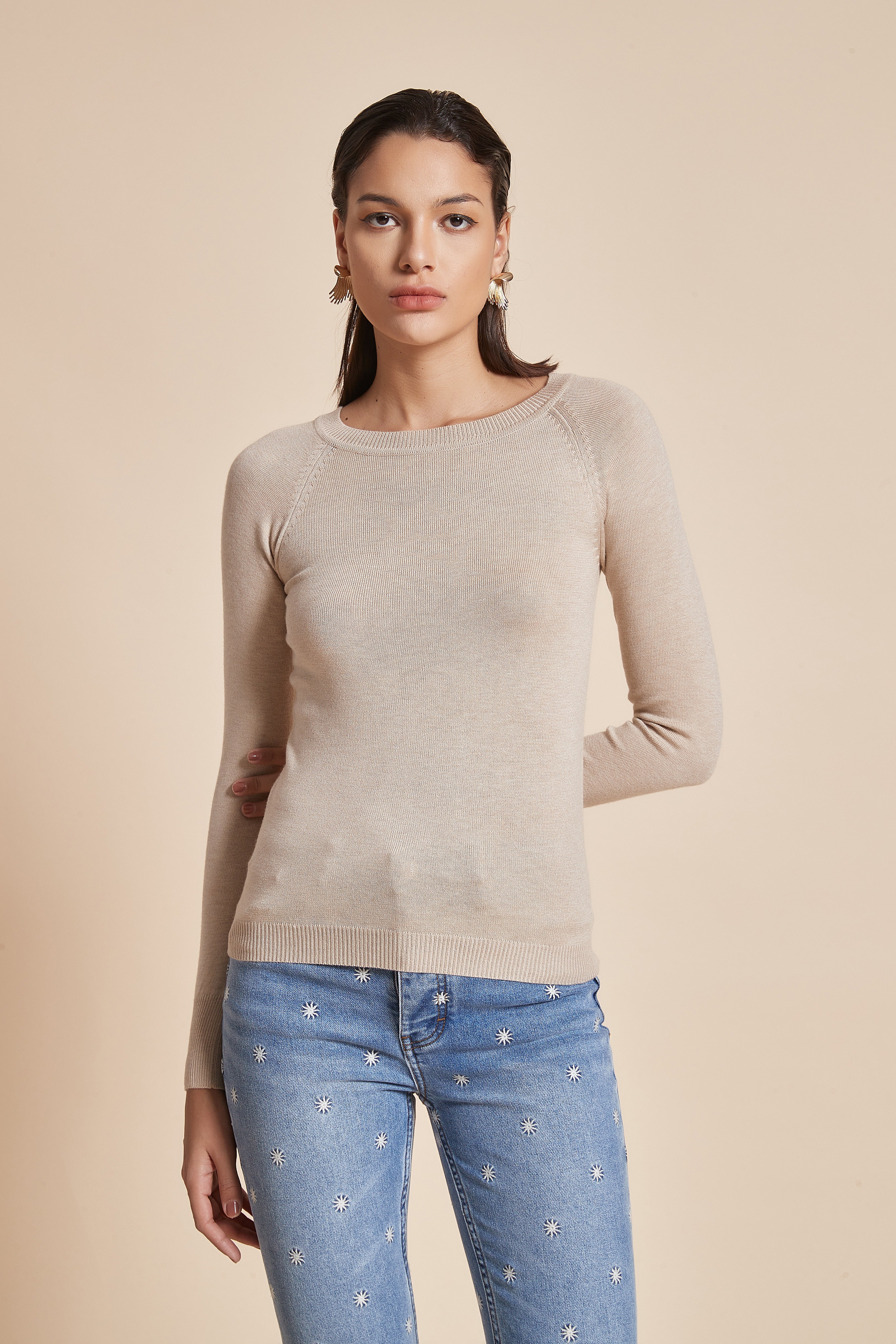 Fitted Plain Blouse With Long Sleeves