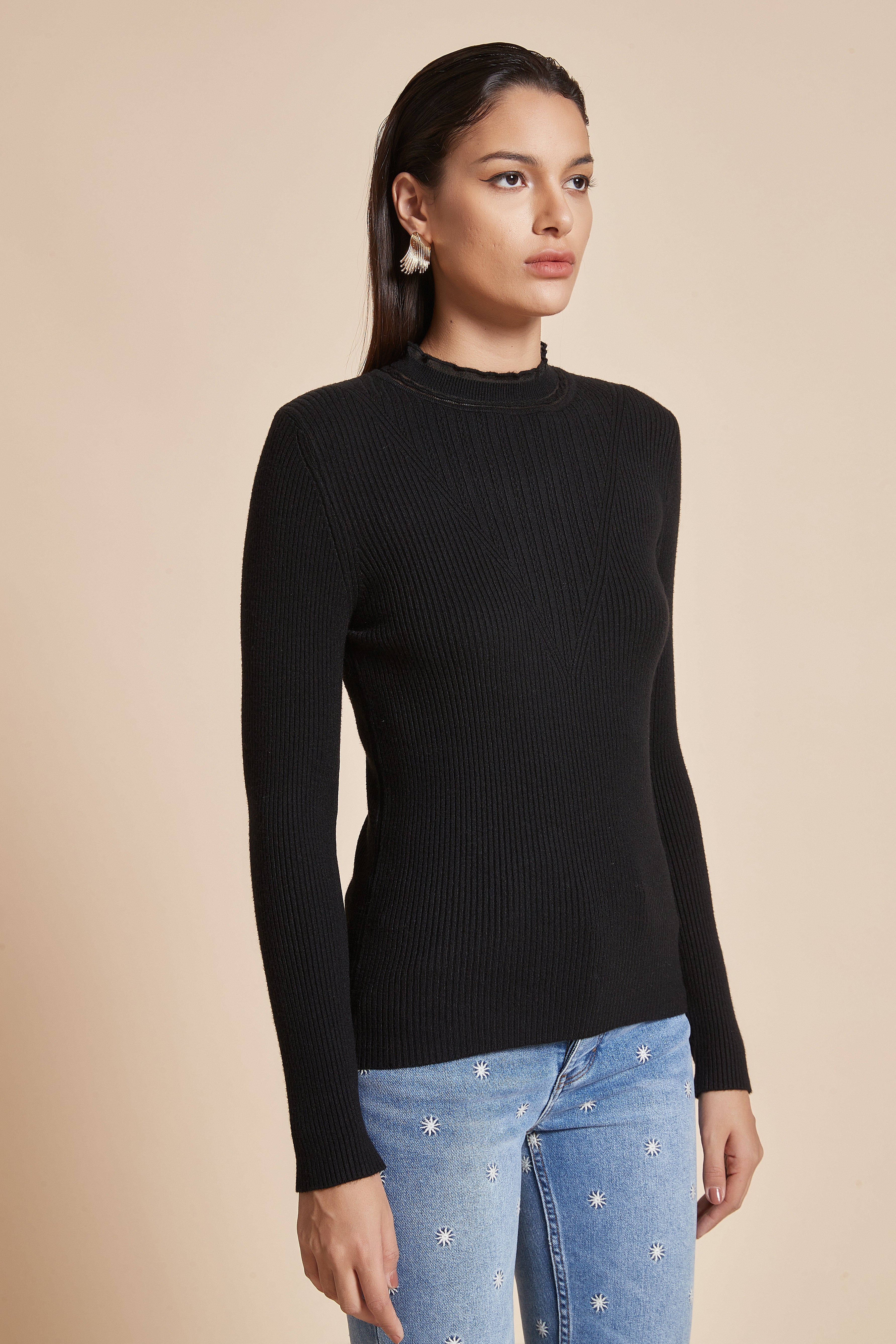 Plain Ribbed Blouse With Long Sleeves