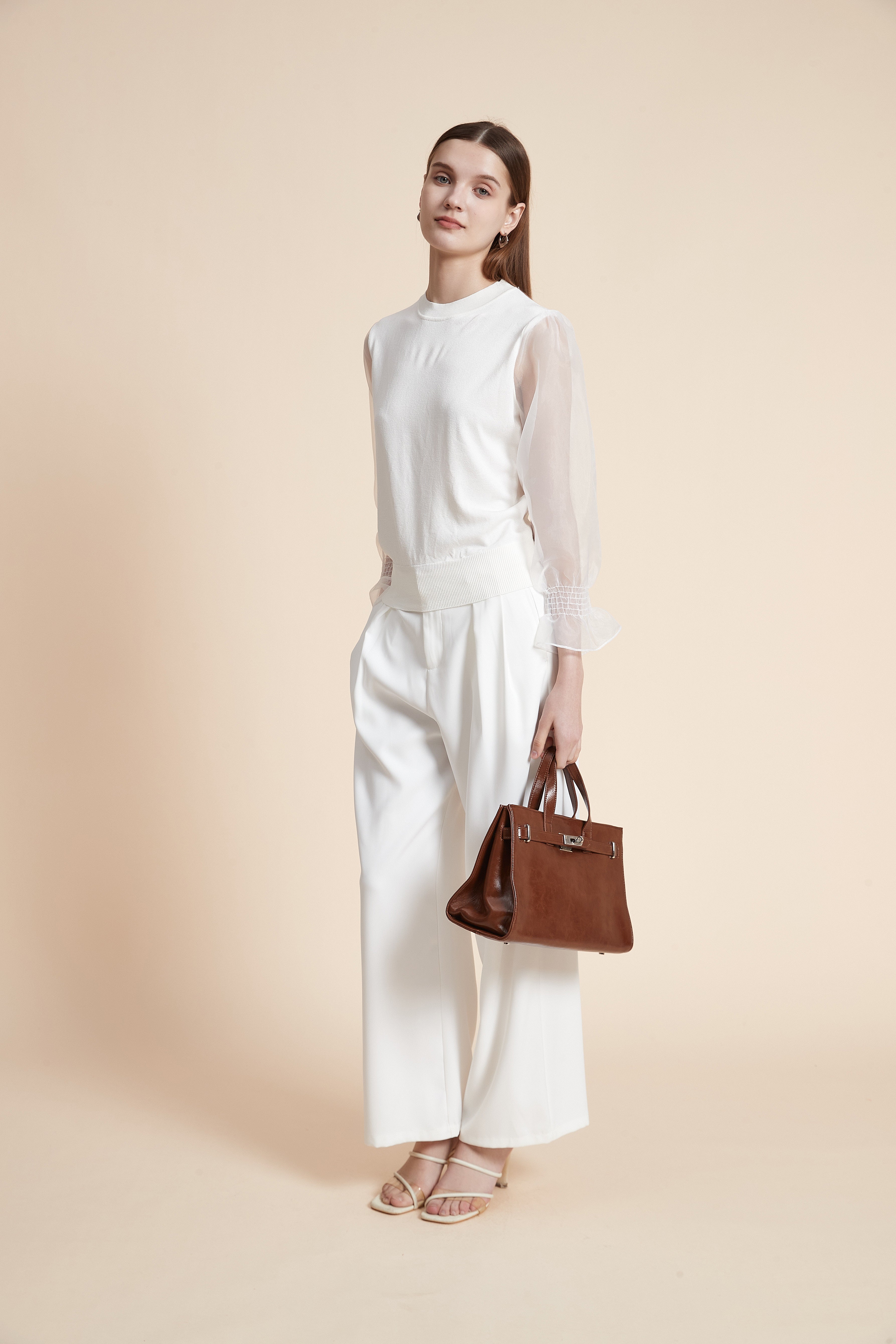 Solid Long Sleeve Sheer Blouse