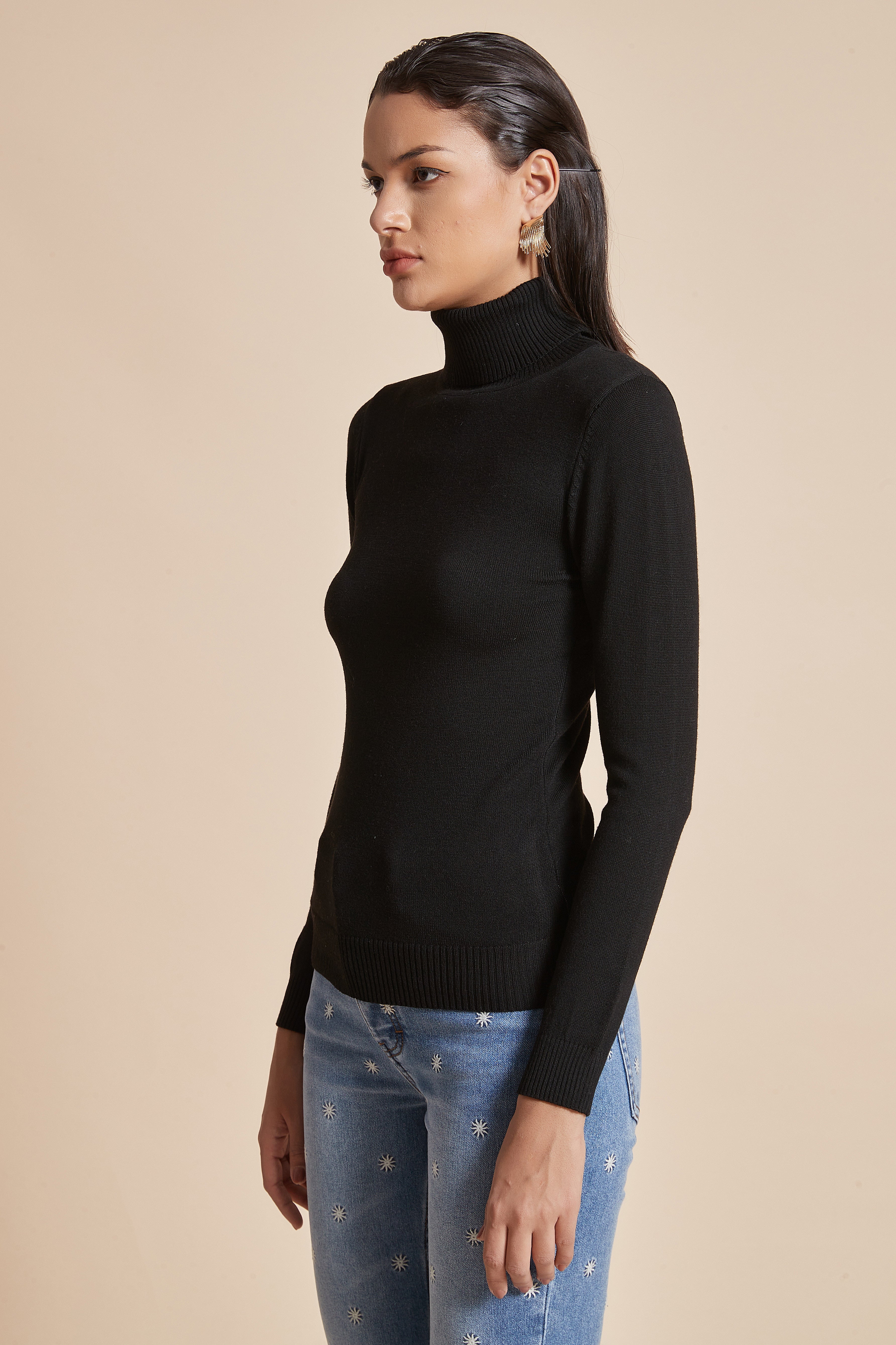 Plain Ribbed High-Neck Blouse With Long Sleeves