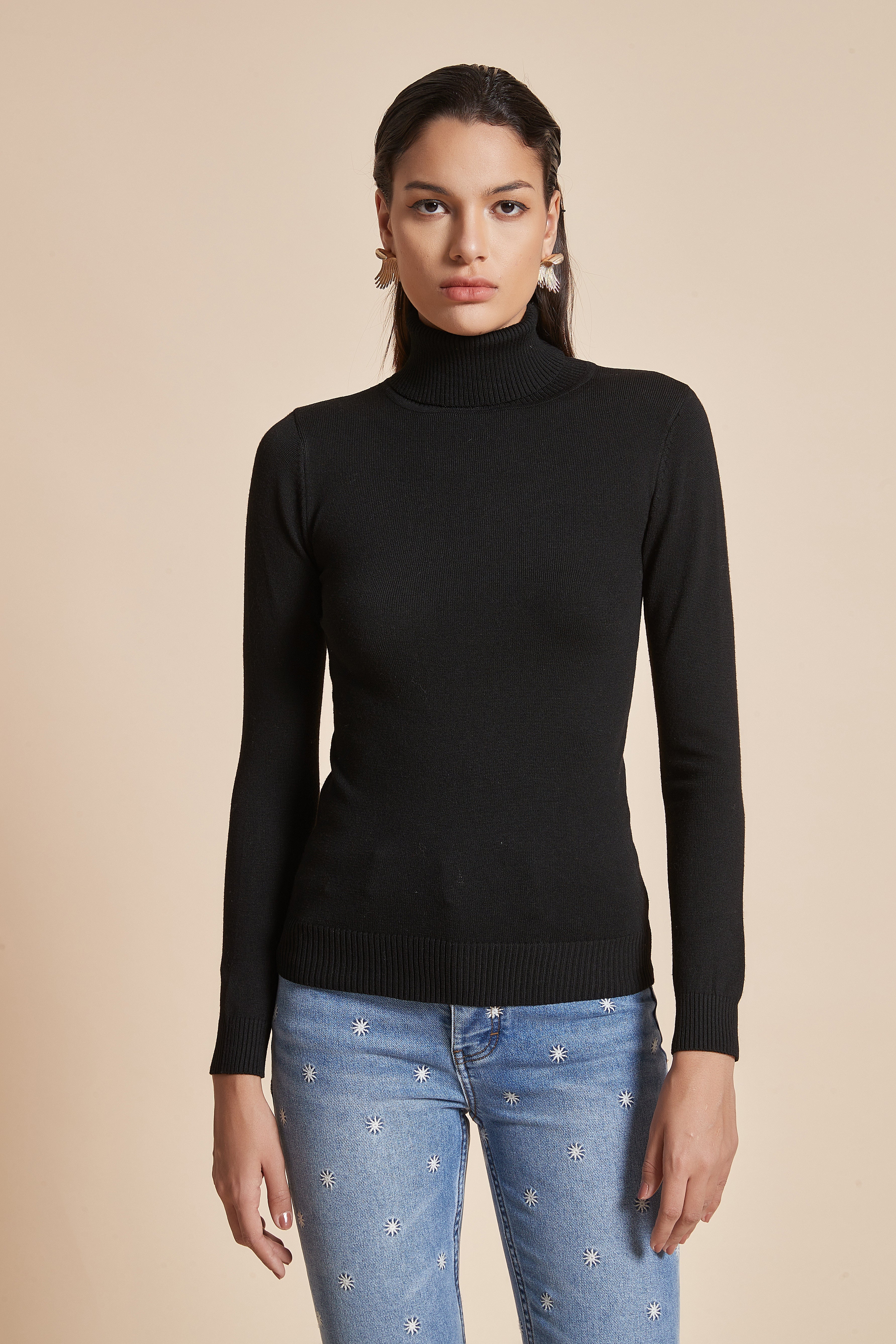 Plain Ribbed High-Neck Blouse With Long Sleeves