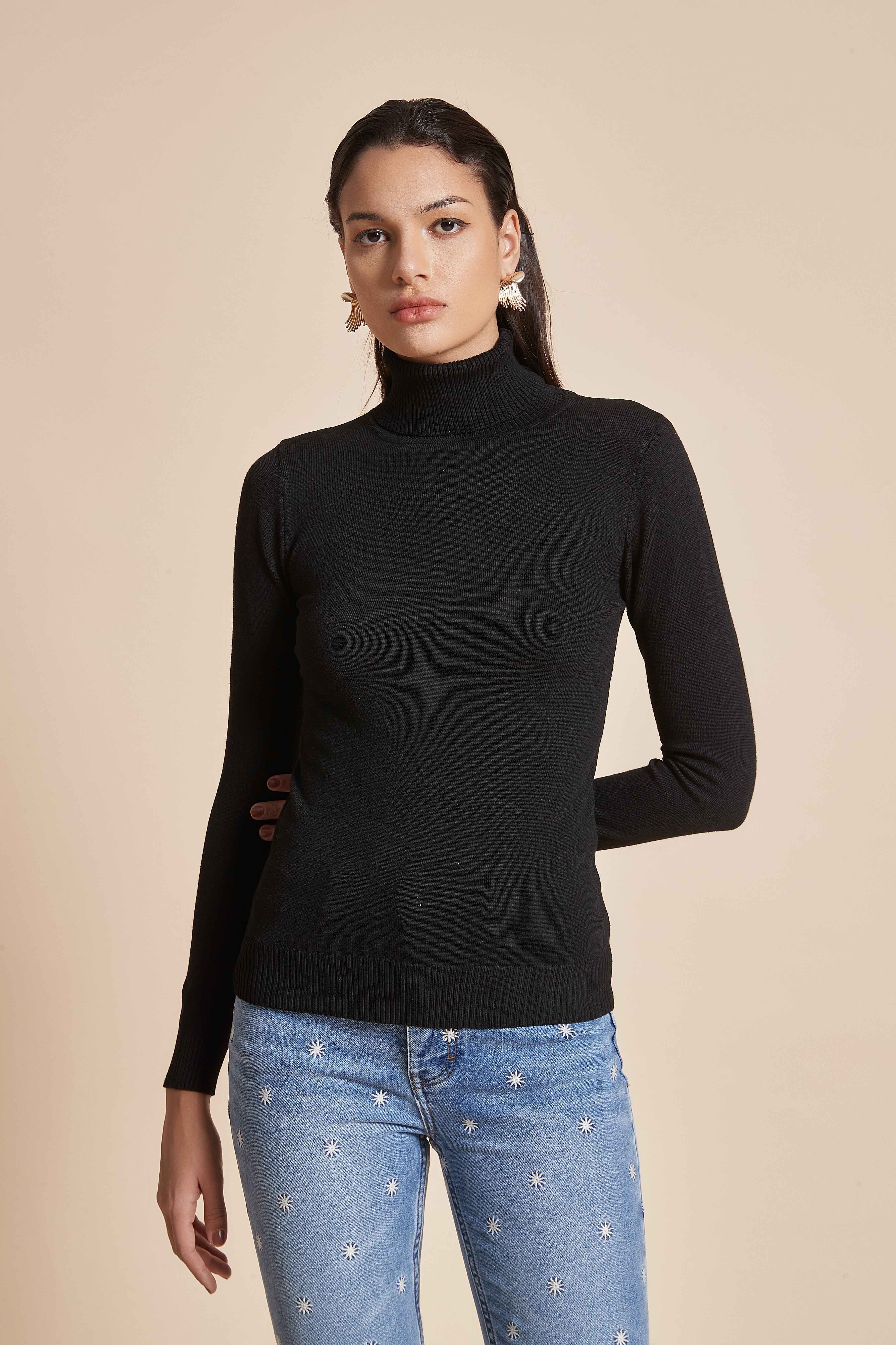 Plain Ribbed High-Neck Blouse With Long Sleeves