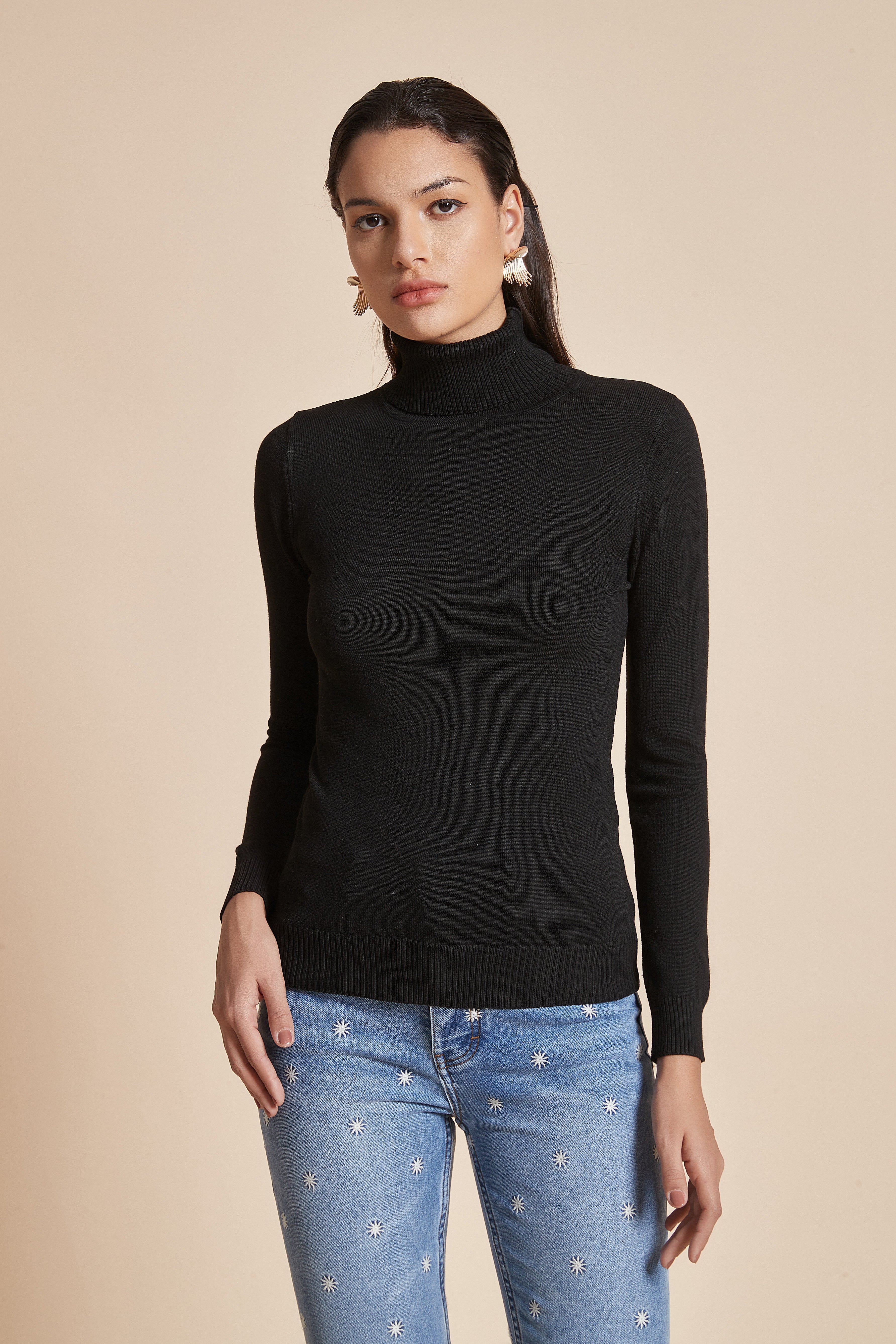 Plain Ribbed High-Neck Blouse With Long Sleeves