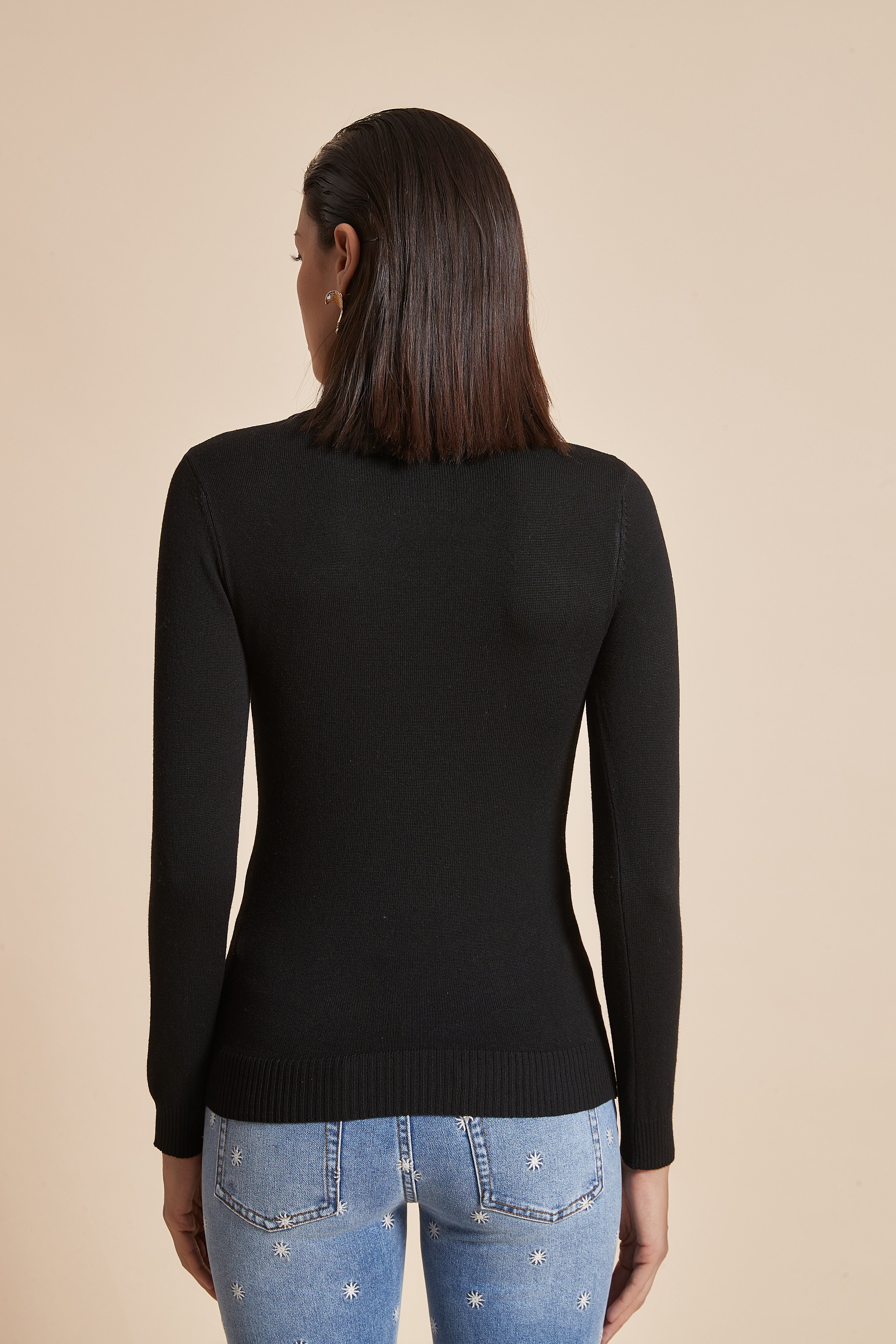 Plain Ribbed High-Neck Blouse With Long Sleeves