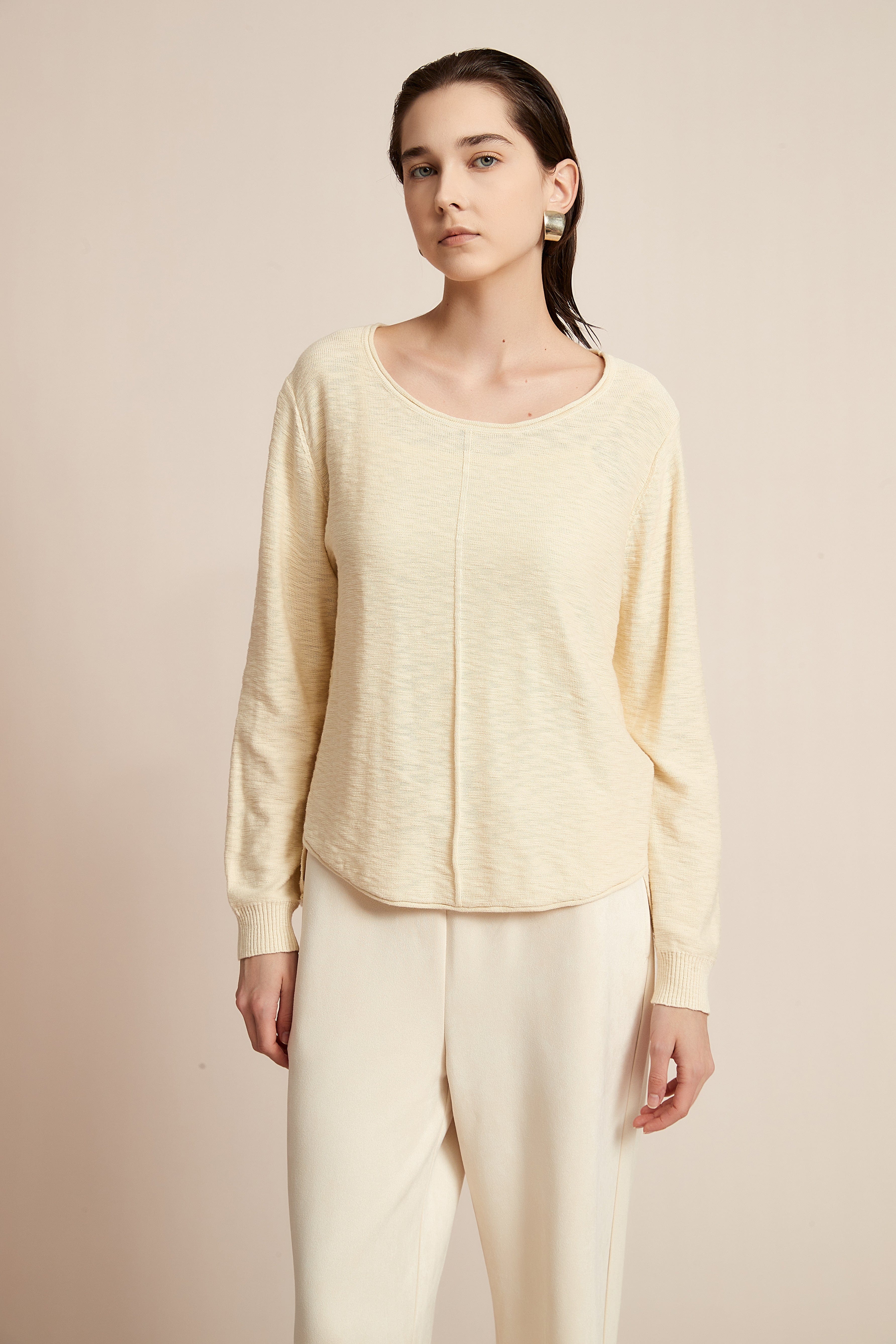 Yola Solid Blouse with Long Sleeves and Round Neck