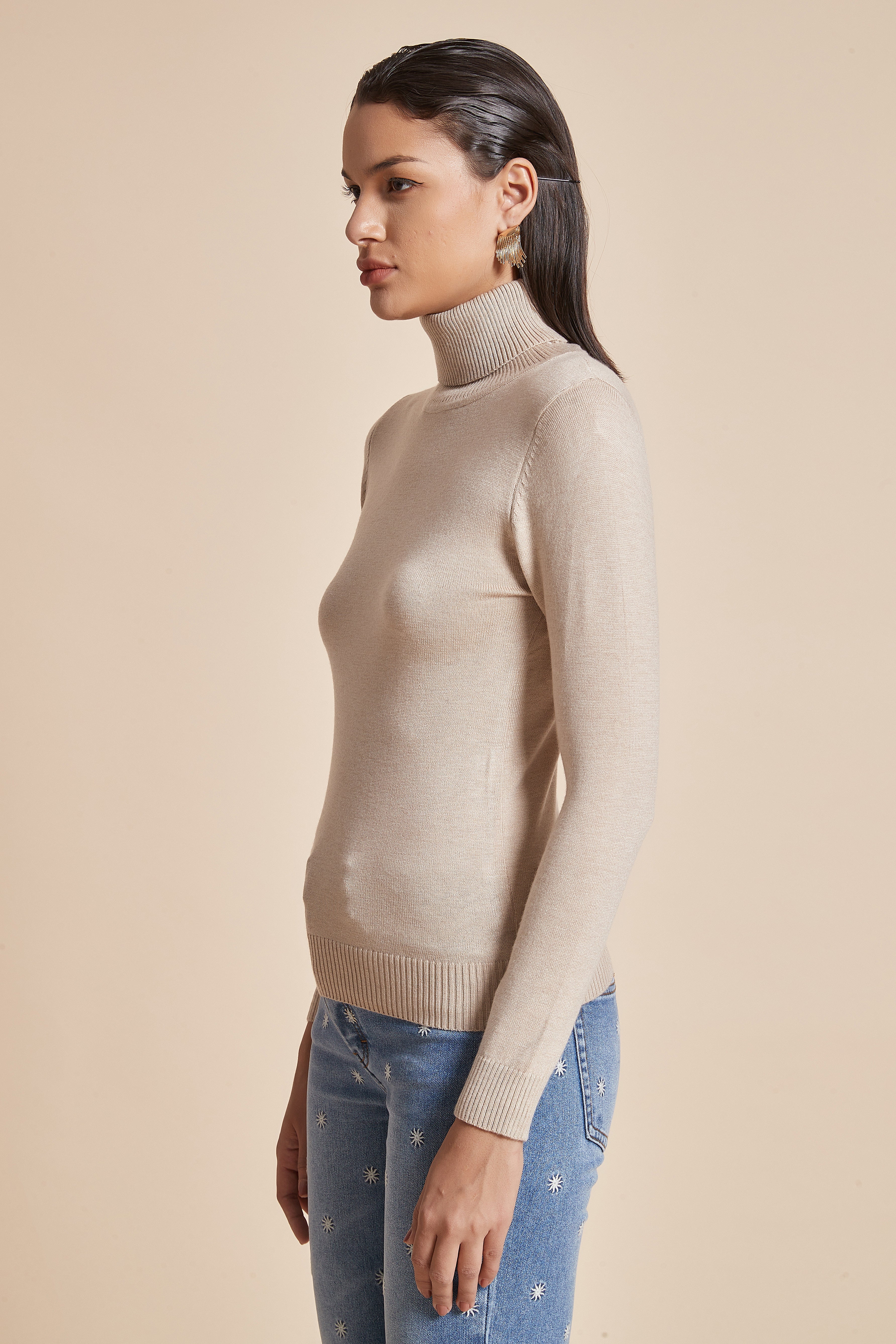 Plain Ribbed High-Neck Blouse With Long Sleeves