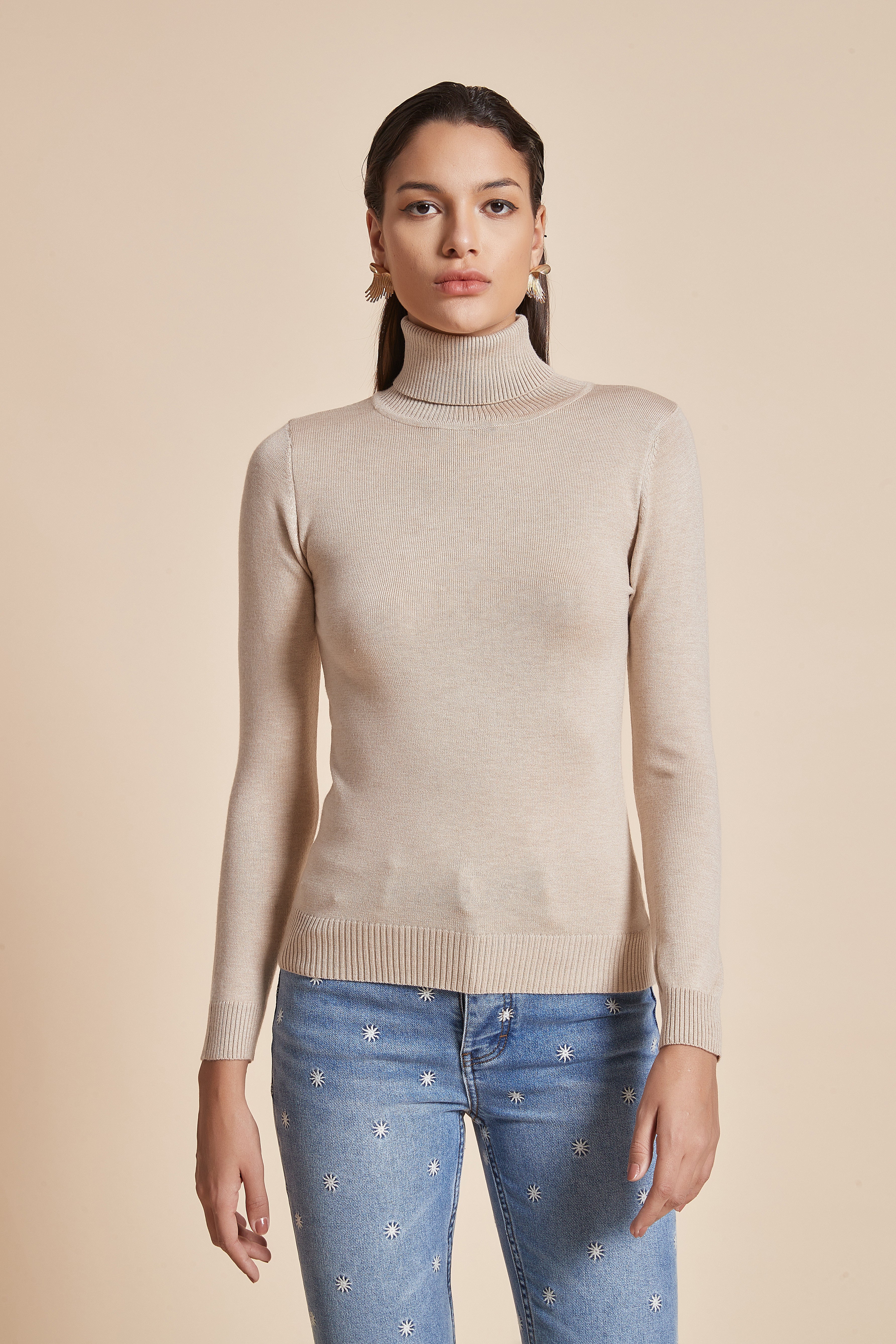 Plain Ribbed High-Neck Blouse With Long Sleeves
