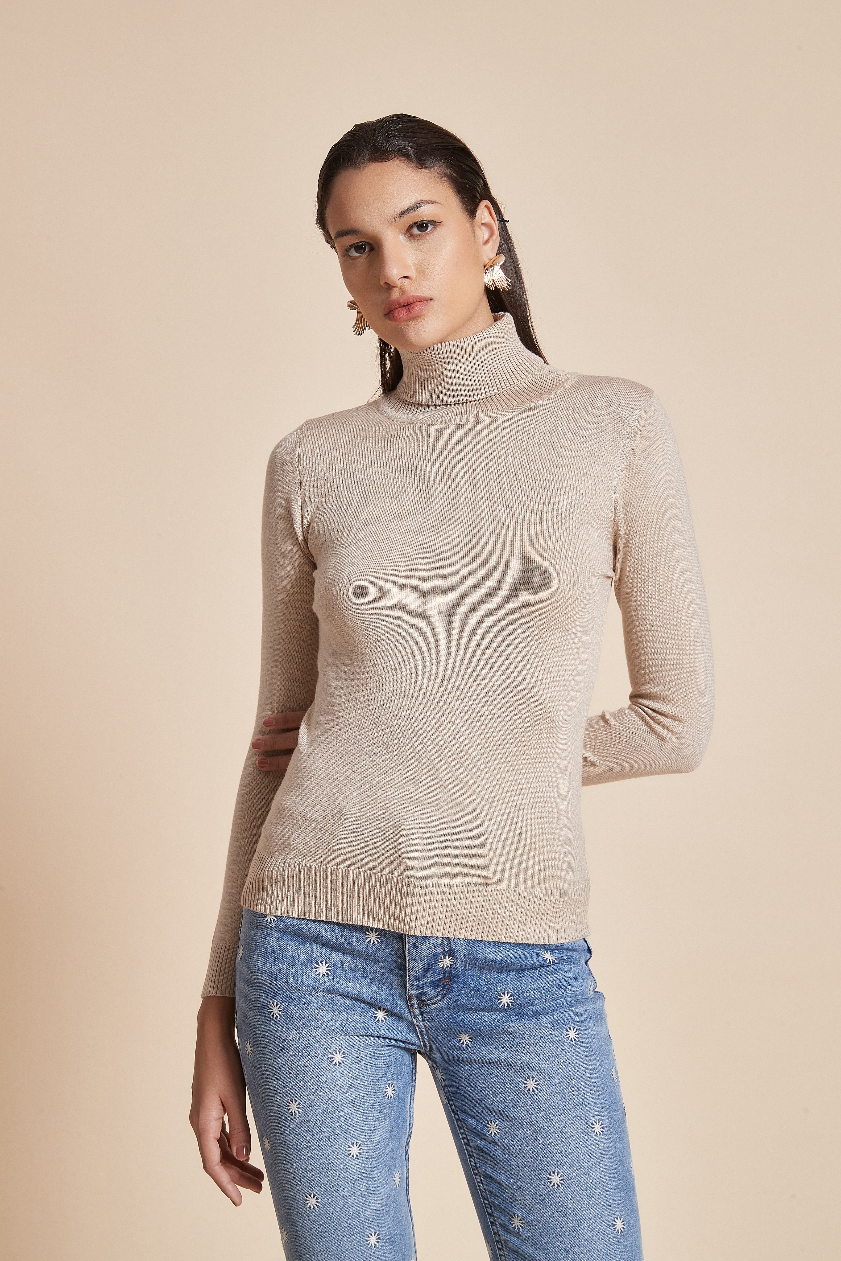 Plain Ribbed High-Neck Blouse With Long Sleeves