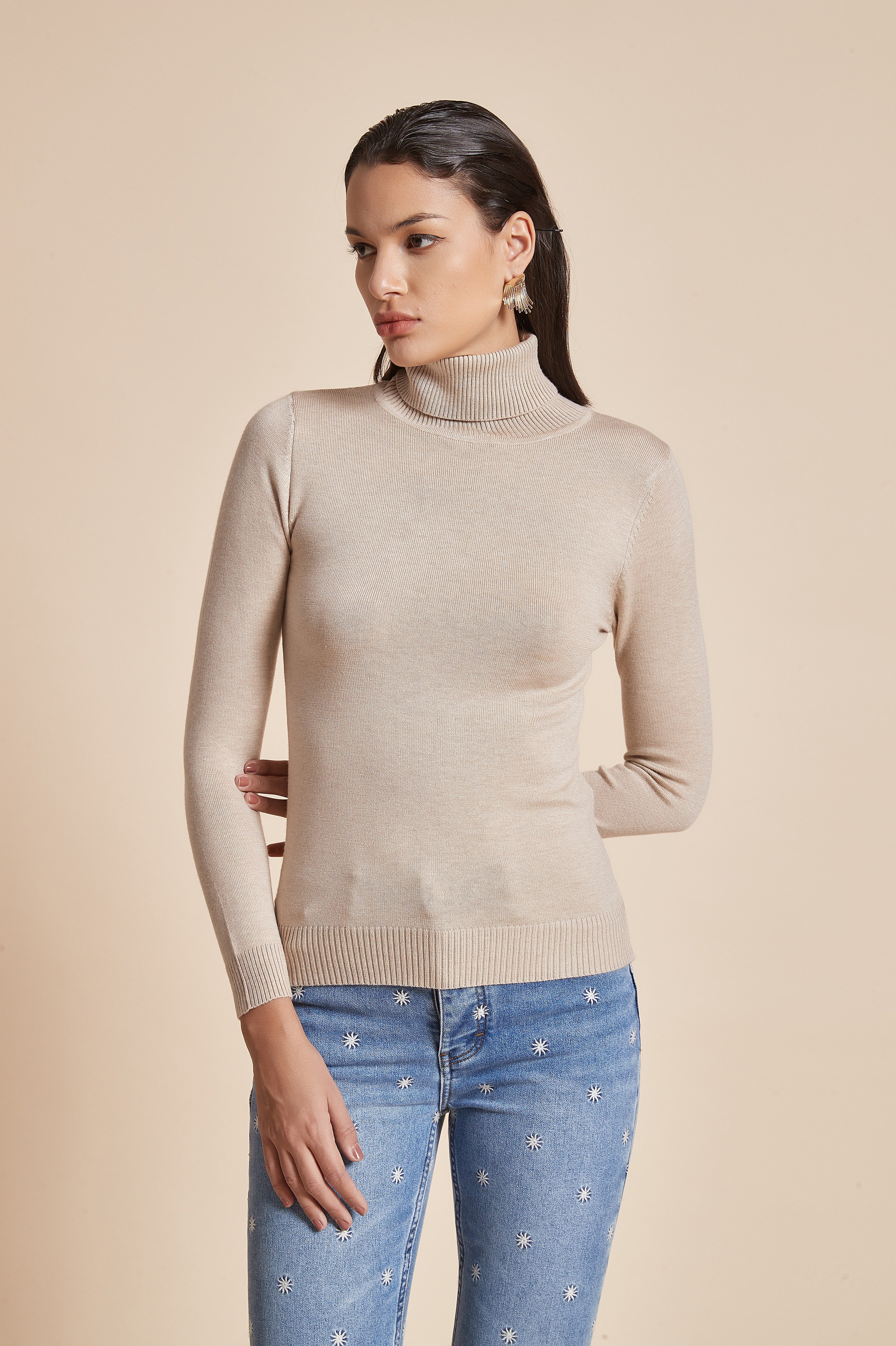 Plain Ribbed High-Neck Blouse With Long Sleeves