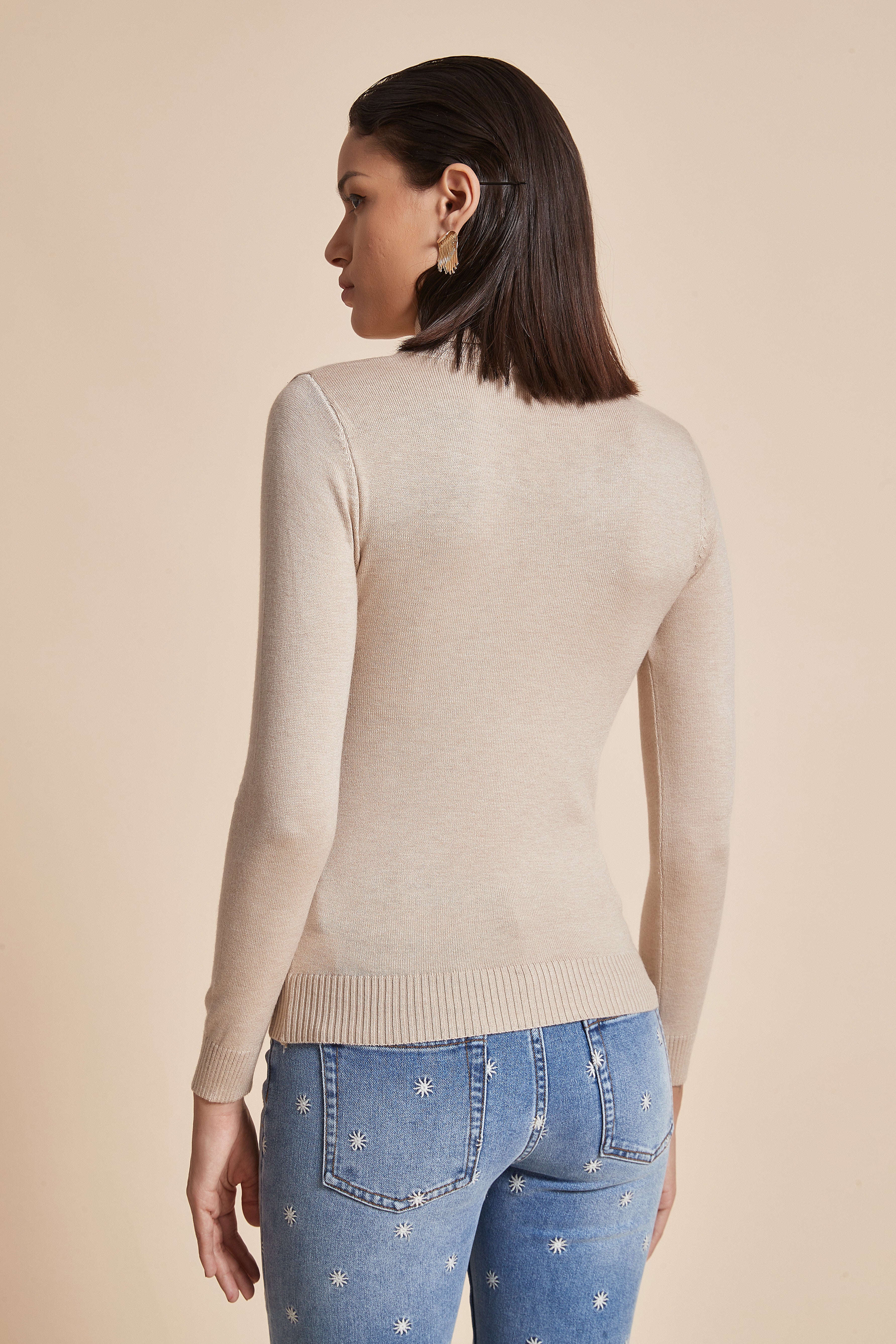 Yola Plain Ribbed High-Neck Blouse with Long Sleeves