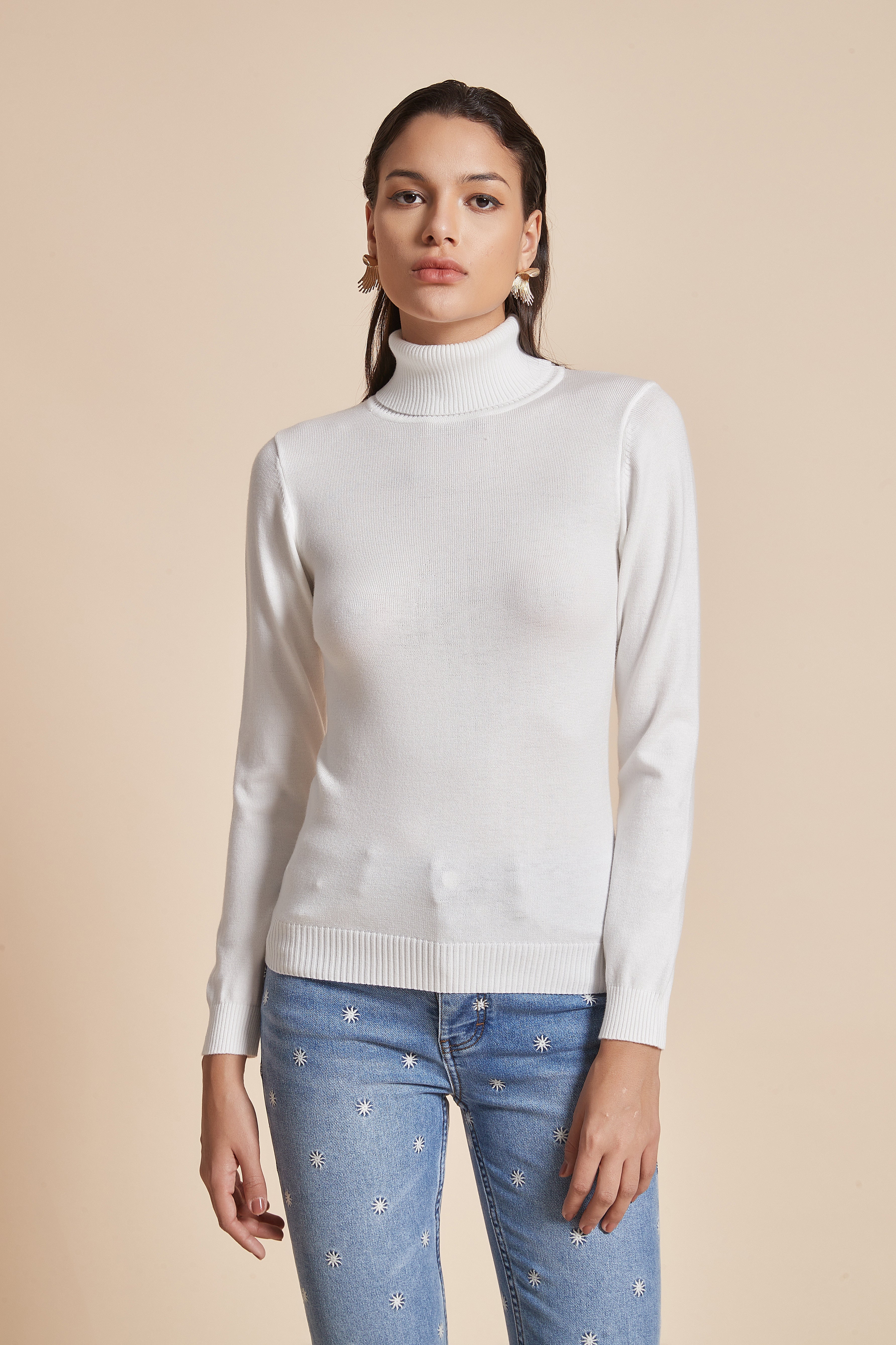 Plain Ribbed High-Neck Blouse With Long Sleeves