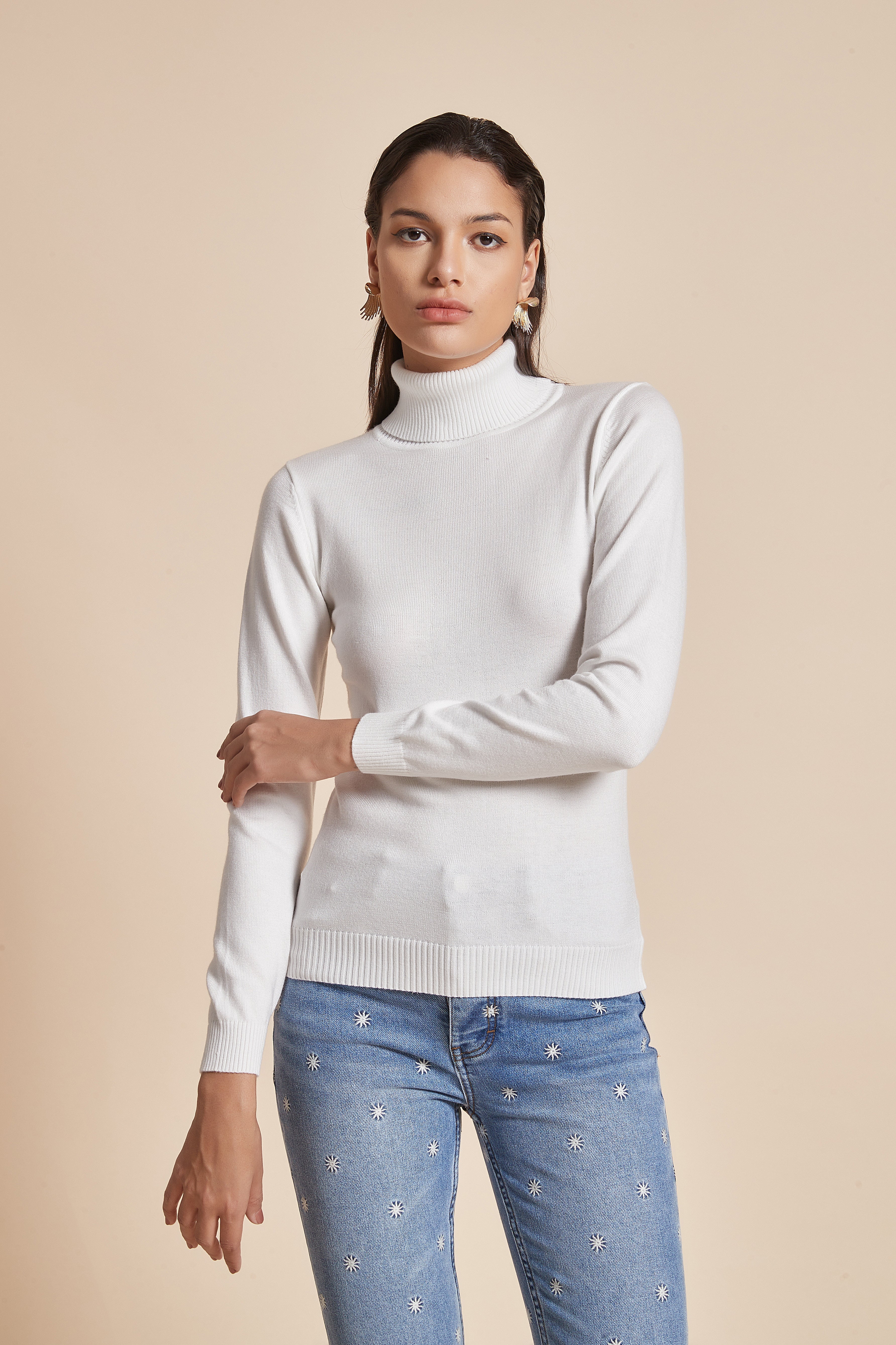 Plain Ribbed High-Neck Blouse With Long Sleeves