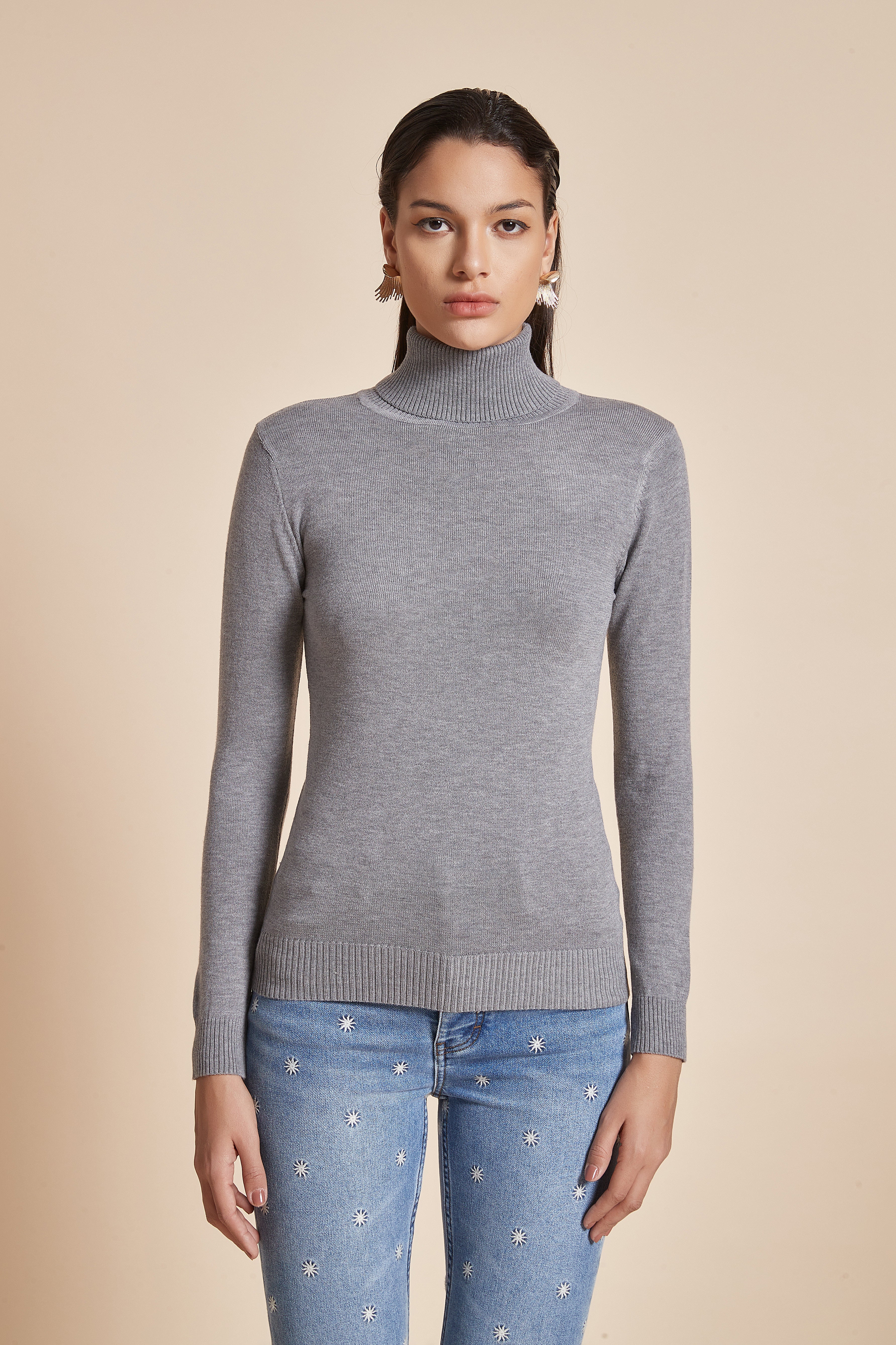 Plain Ribbed High-Neck Blouse With Long Sleeves