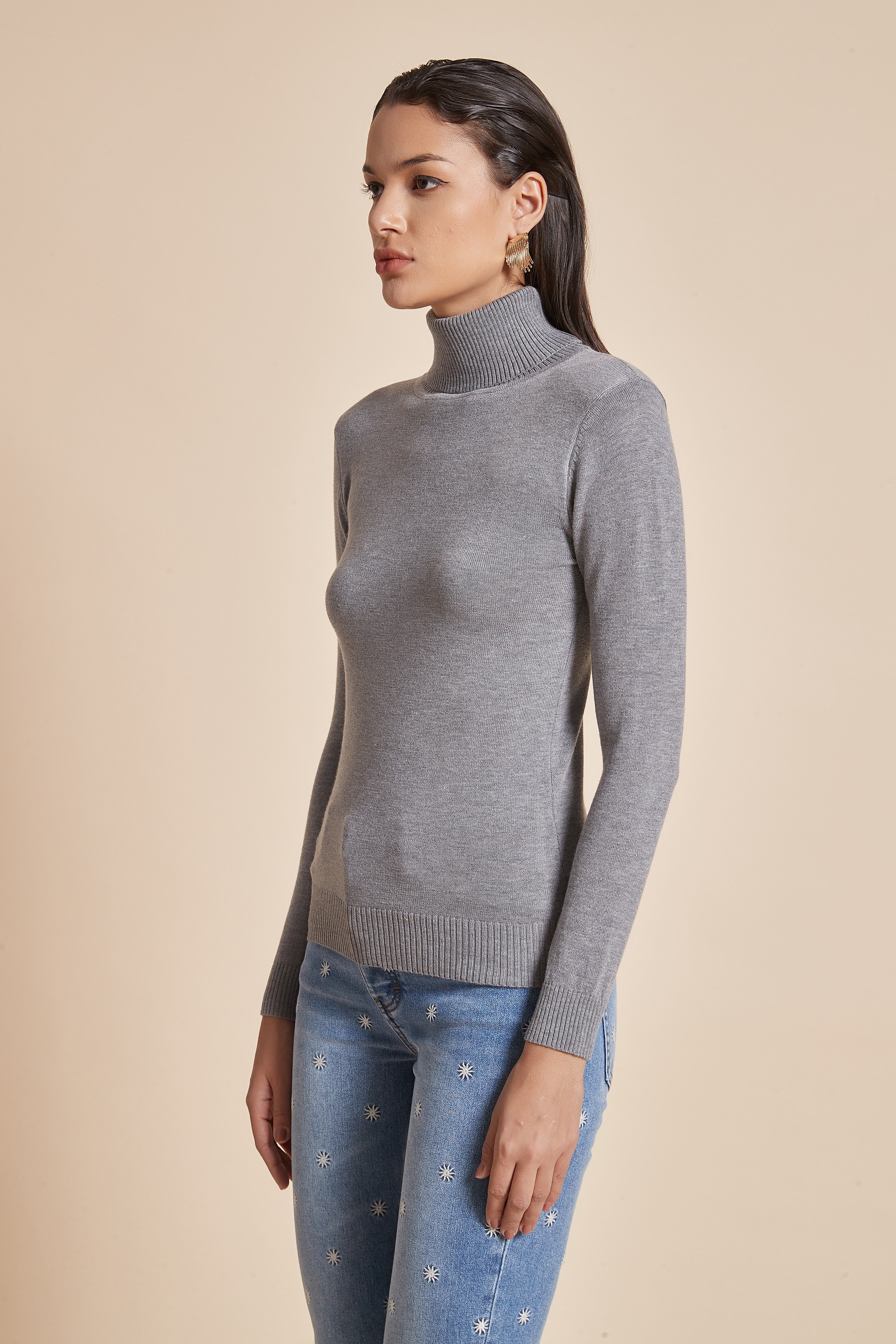 Plain Ribbed High-Neck Blouse With Long Sleeves