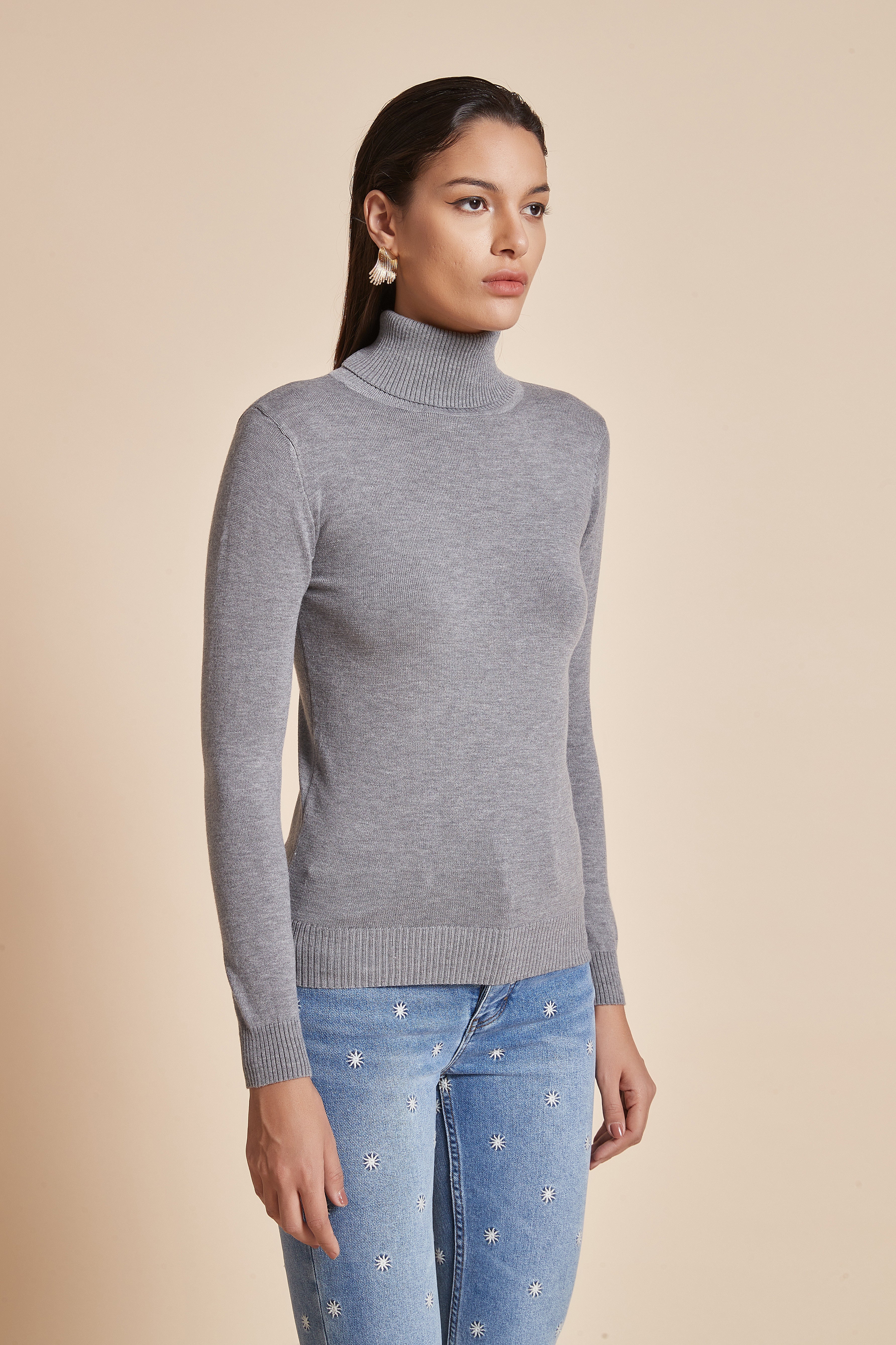 Plain Ribbed High-Neck Blouse With Long Sleeves