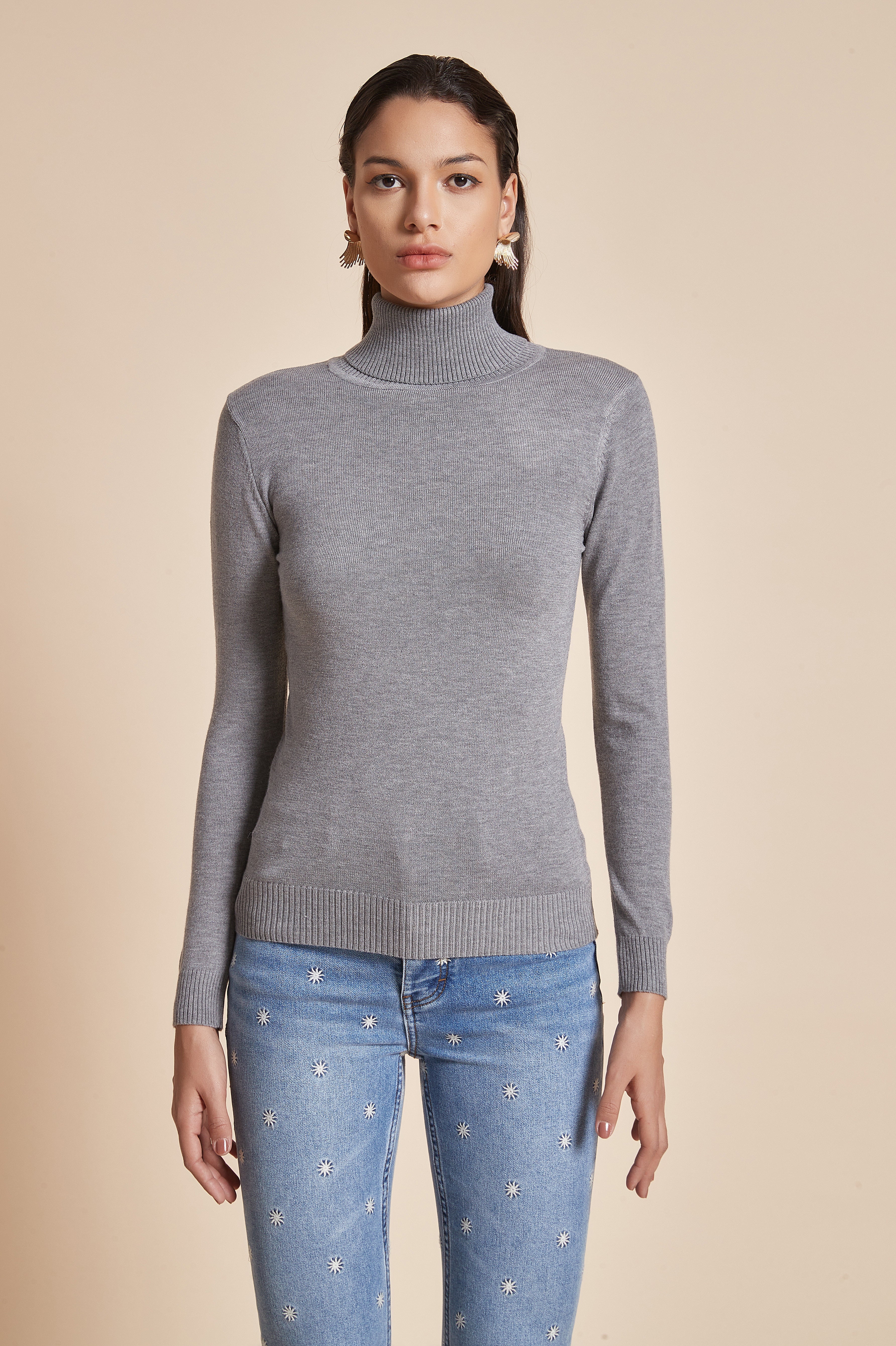Plain Ribbed High-Neck Blouse With Long Sleeves