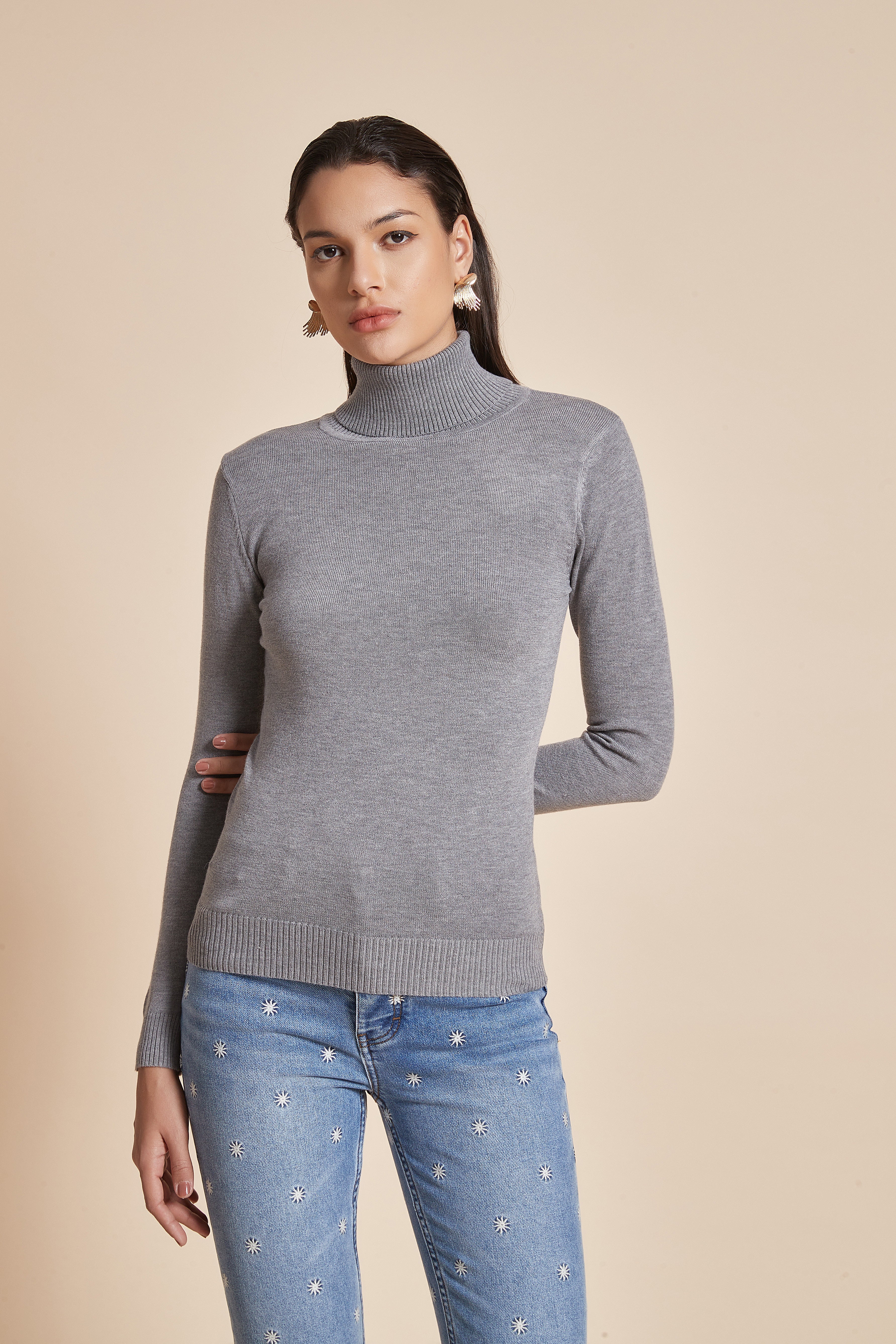 Plain Ribbed High-Neck Blouse With Long Sleeves