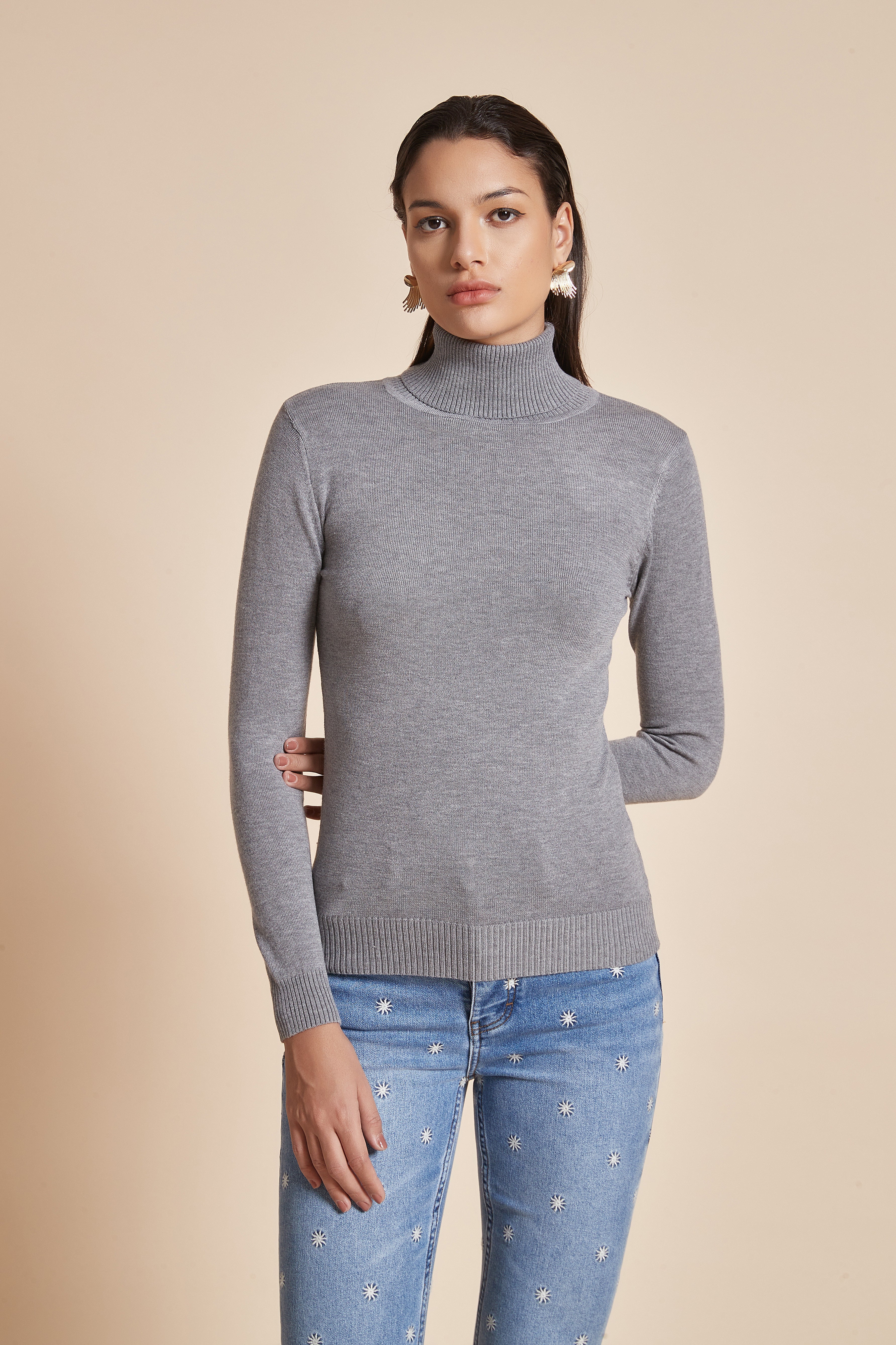 Plain Ribbed High-Neck Blouse With Long Sleeves