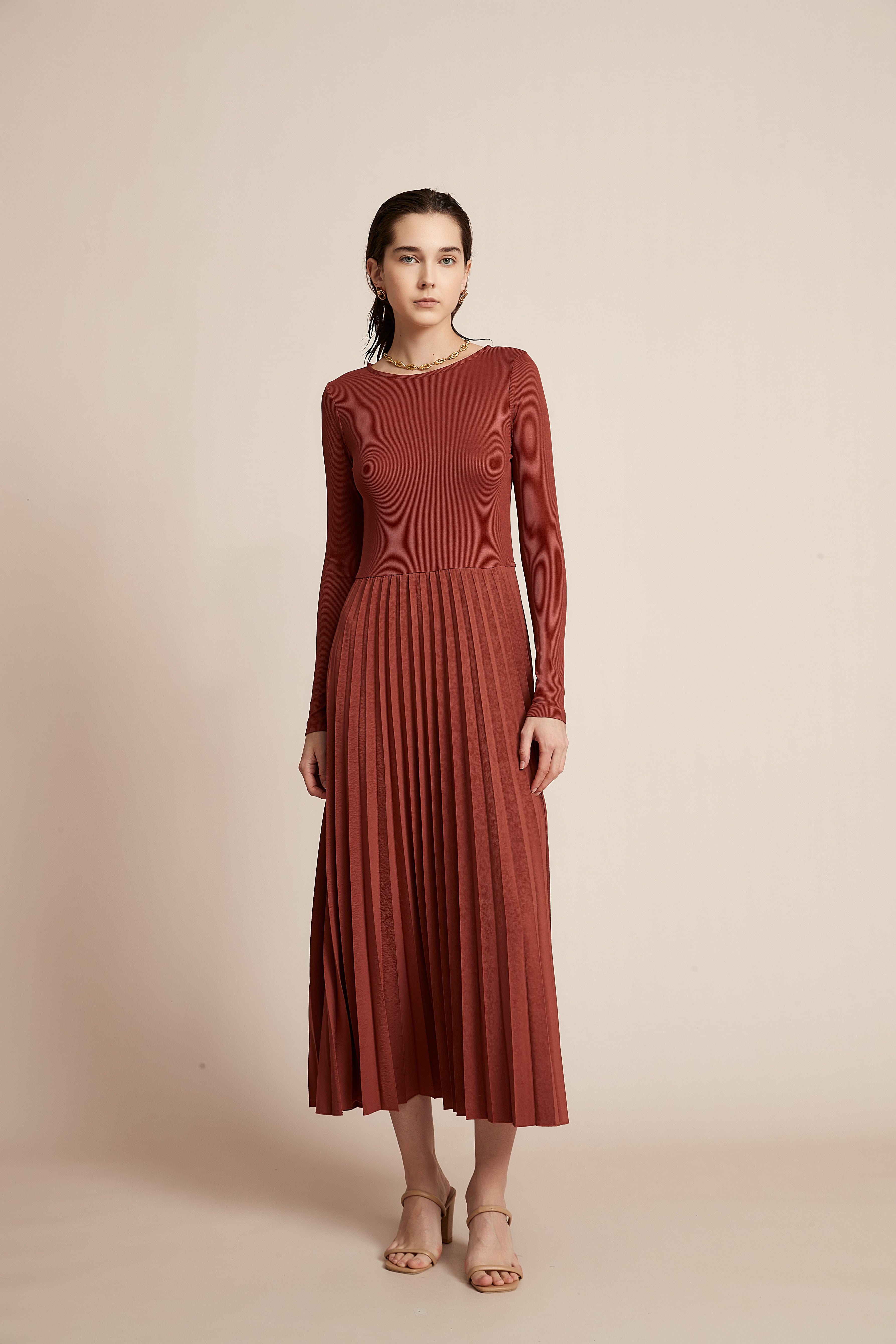 Yola Plain Dress with Half Ruffles and Long Sleeves