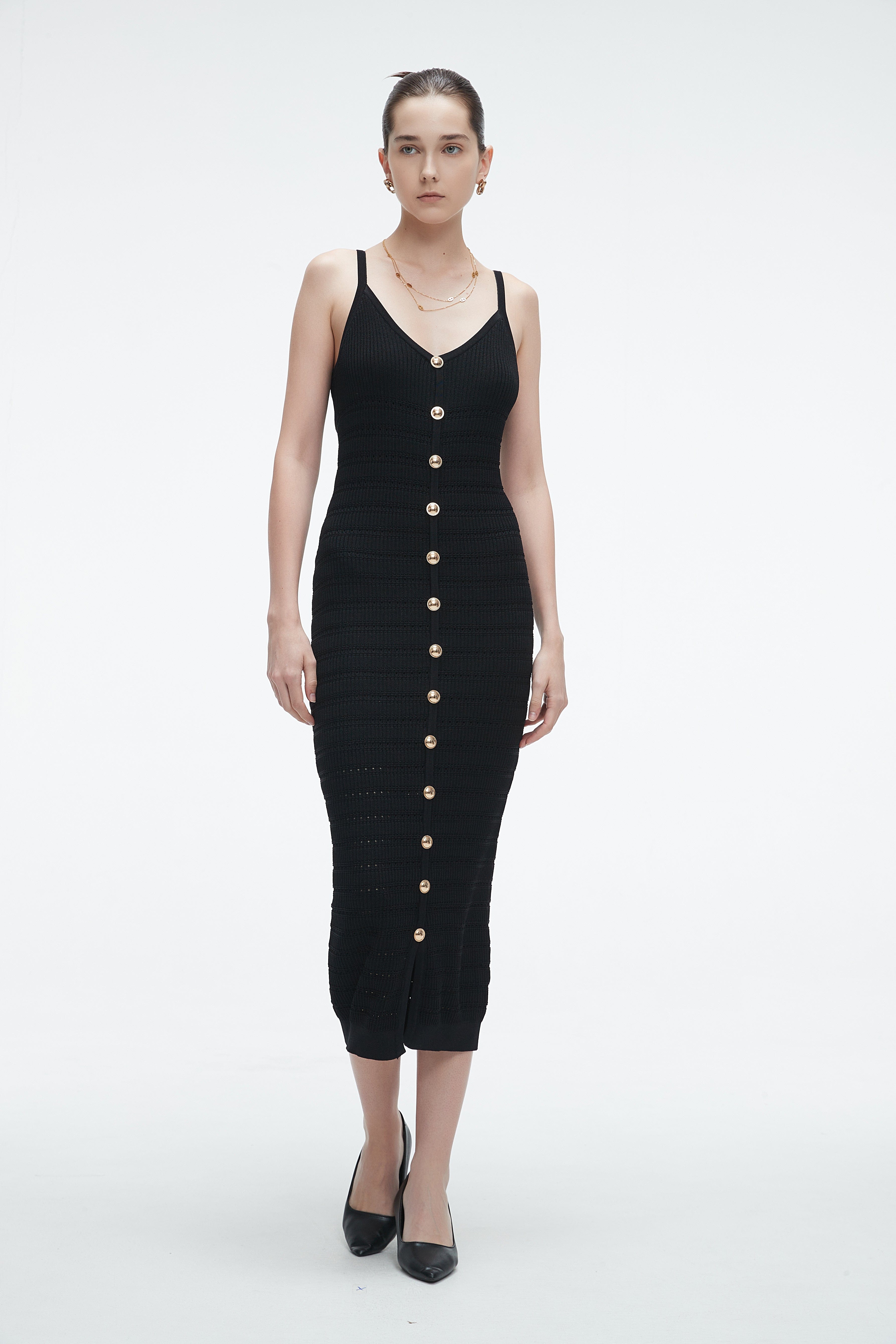 Yola Midi Dress with Straps and Plain Front Buttons