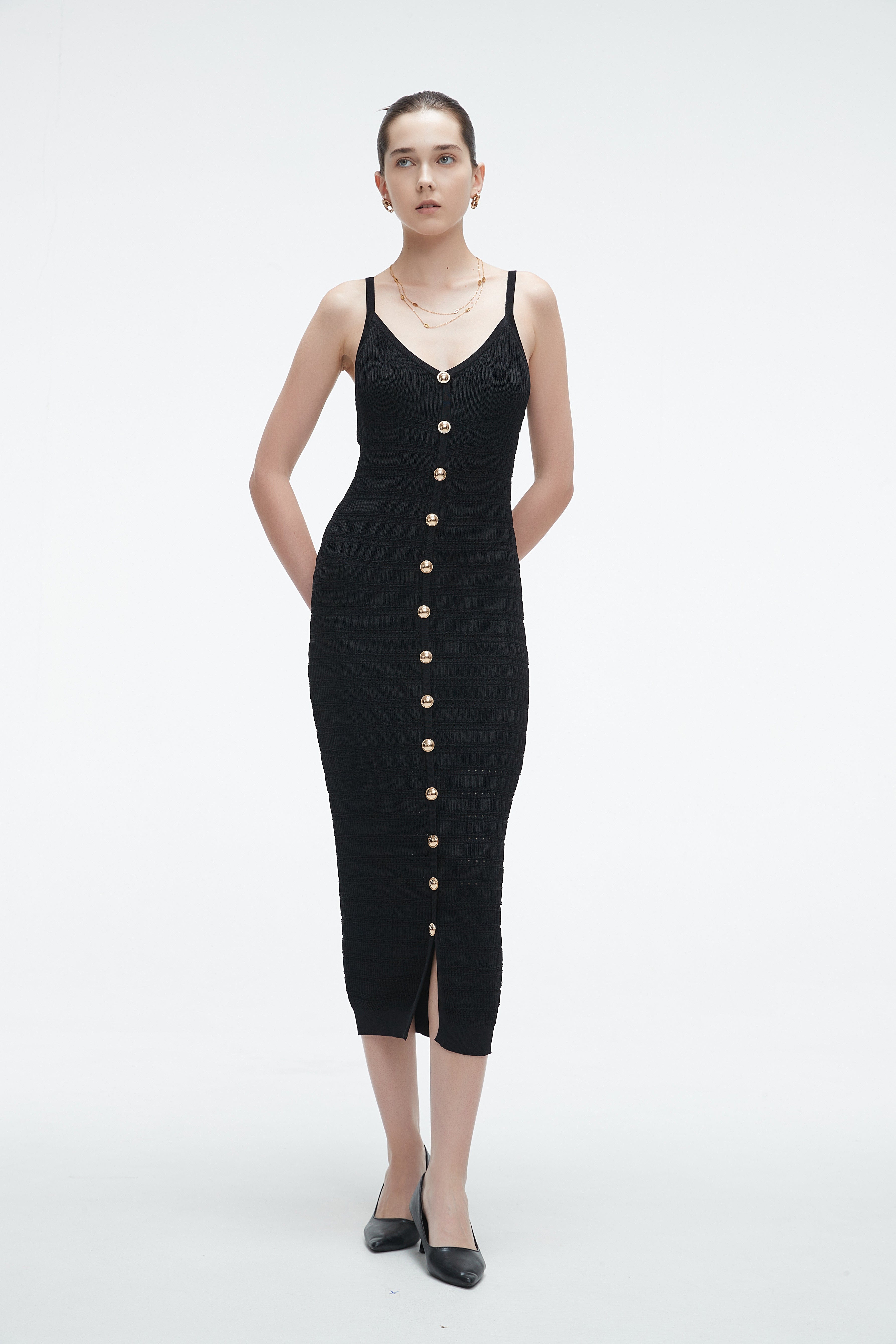 Yola Midi Dress with Straps and Plain Front Buttons