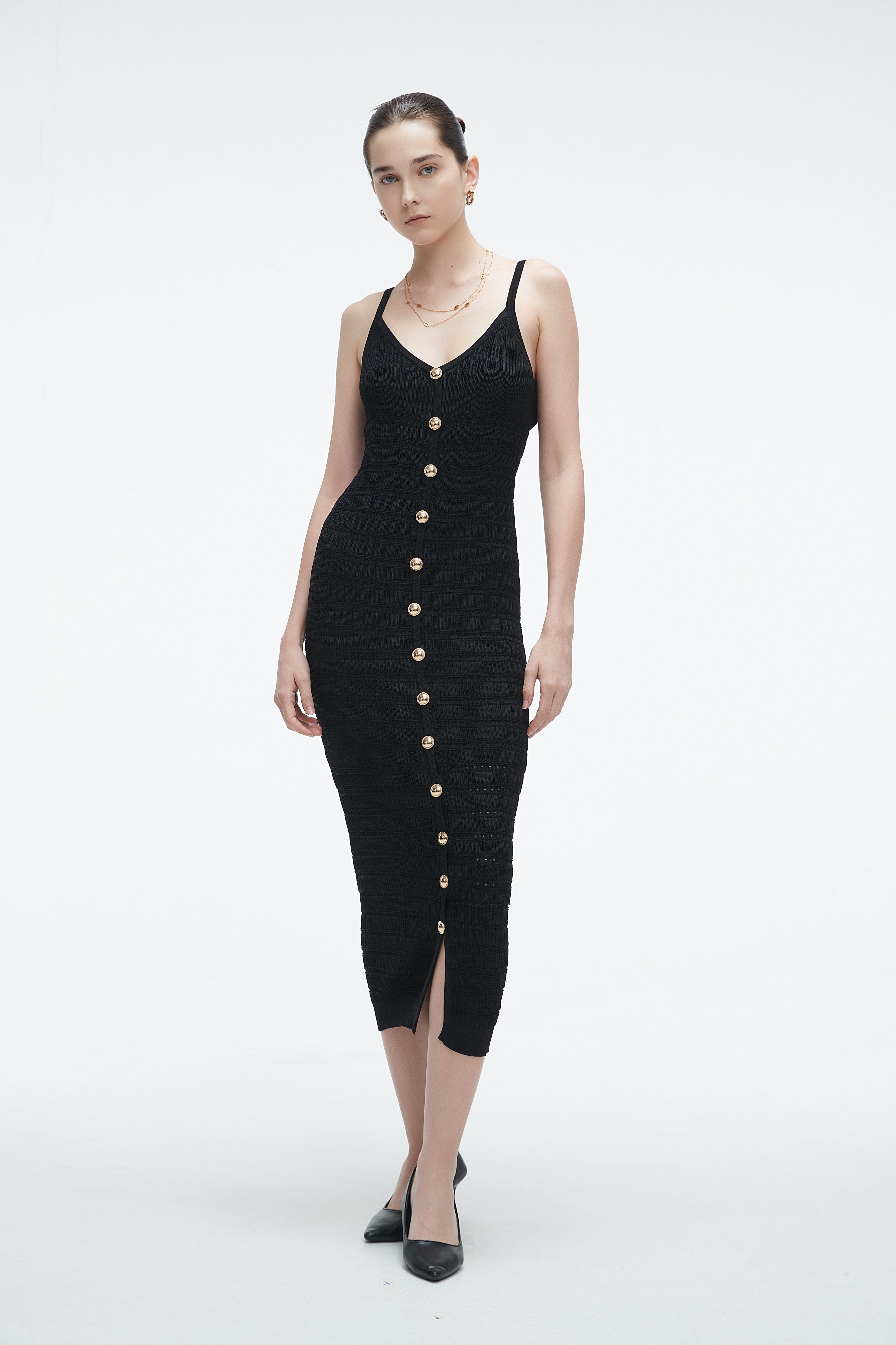 Yola Midi Dress with Straps and Plain Front Buttons