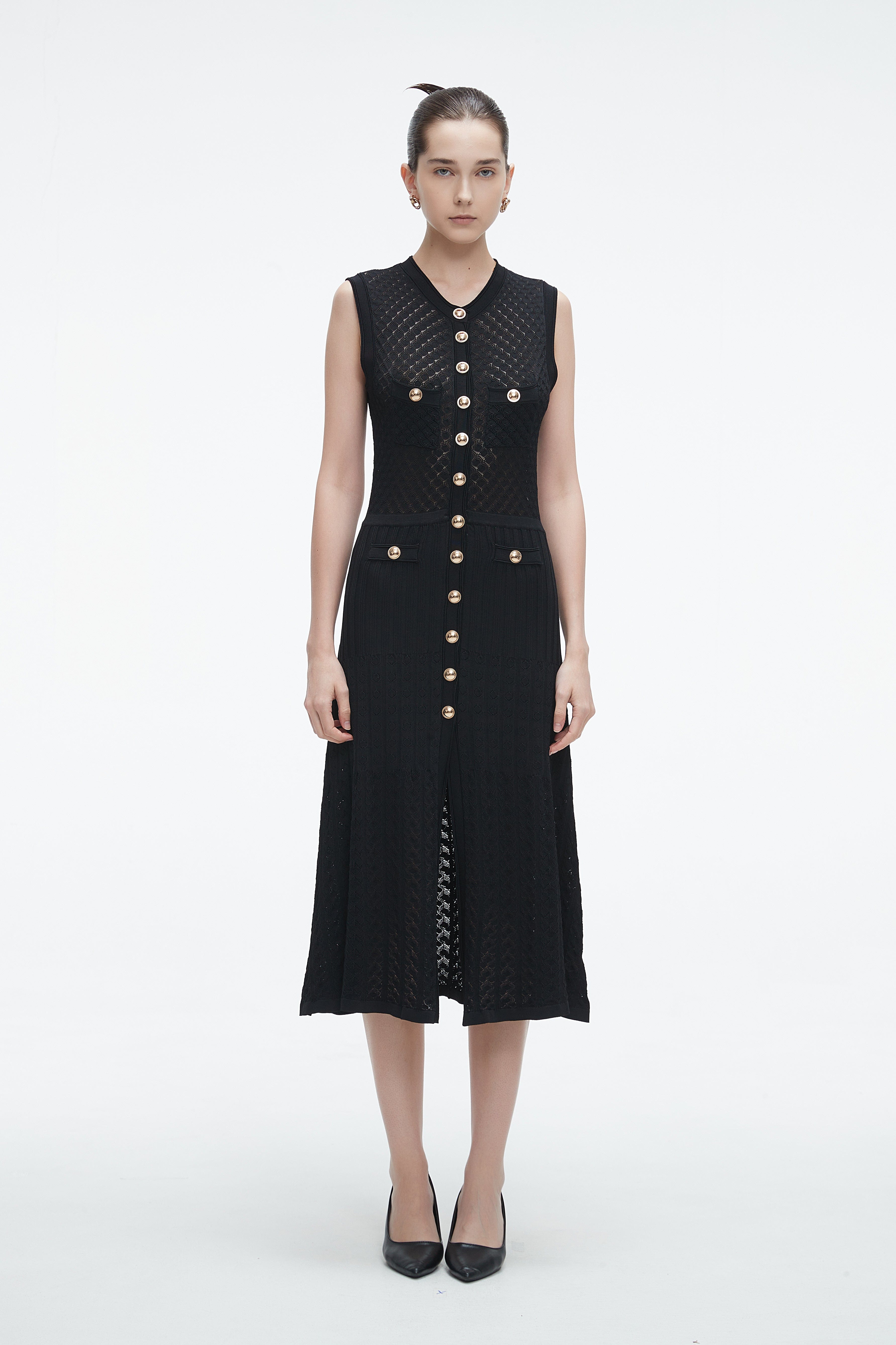 Yola Midi Dress with Front Buttons and Slit