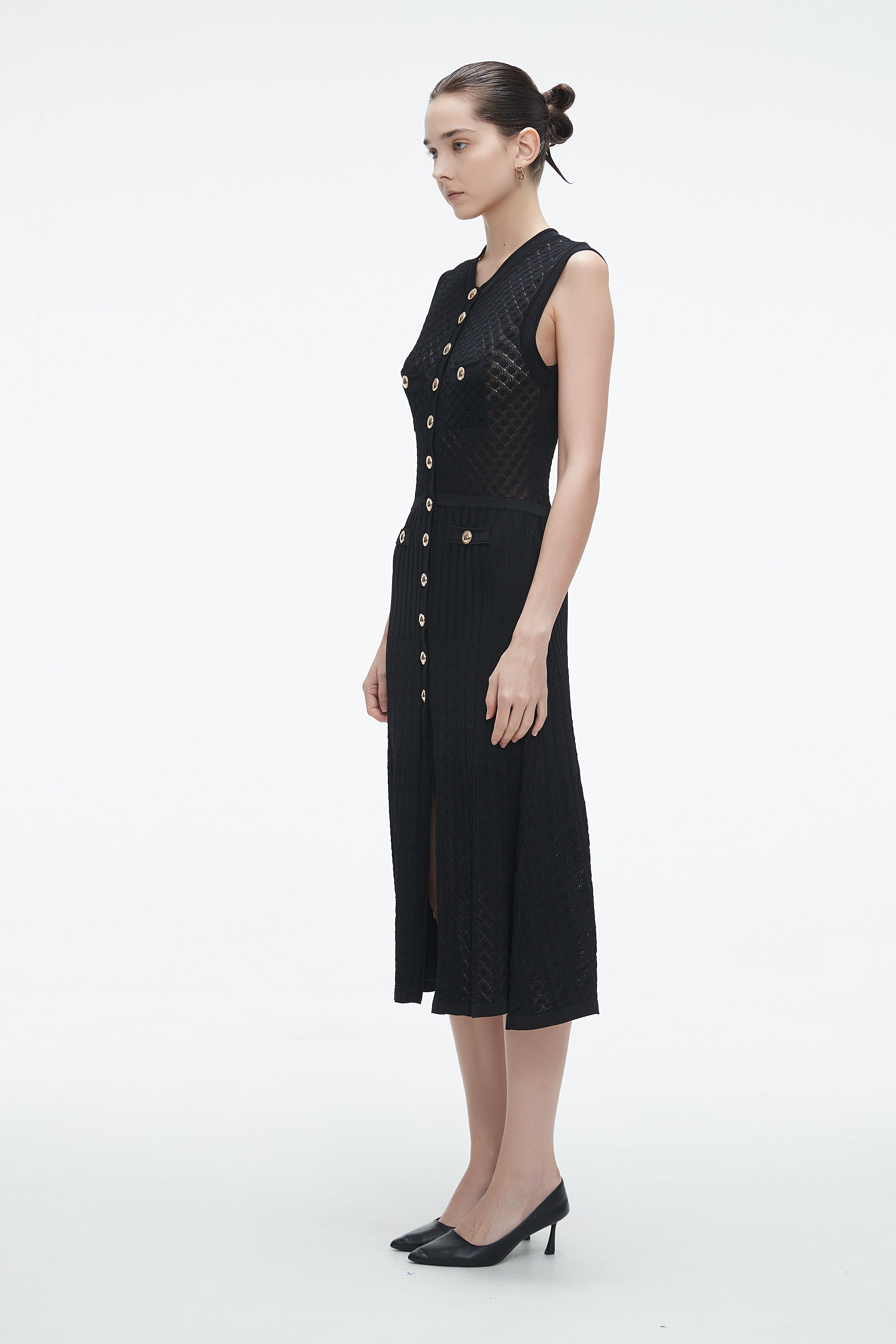 Yola Midi Dress with Front Buttons and Slit