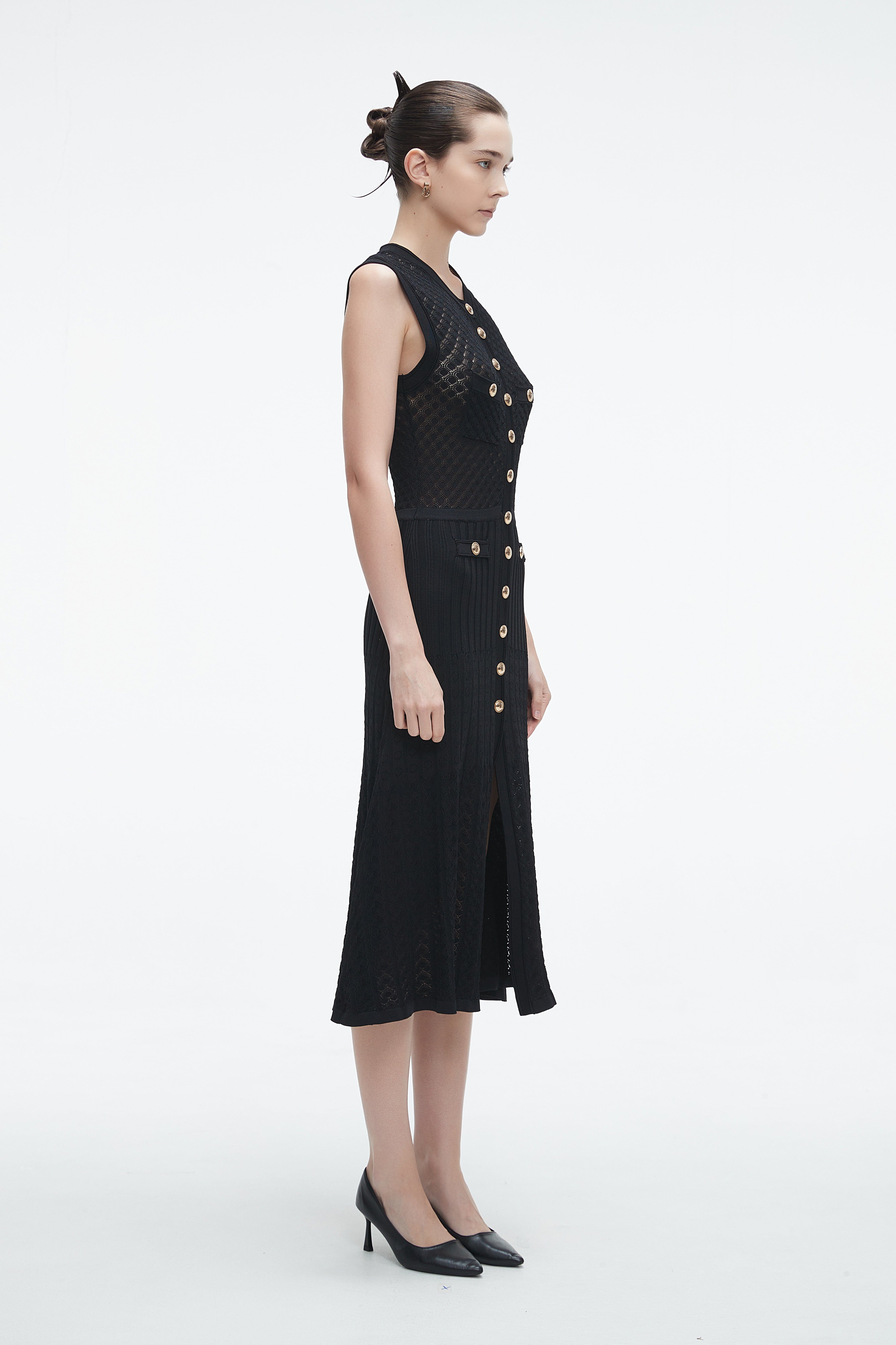 Yola Midi Dress with Front Buttons and Slit