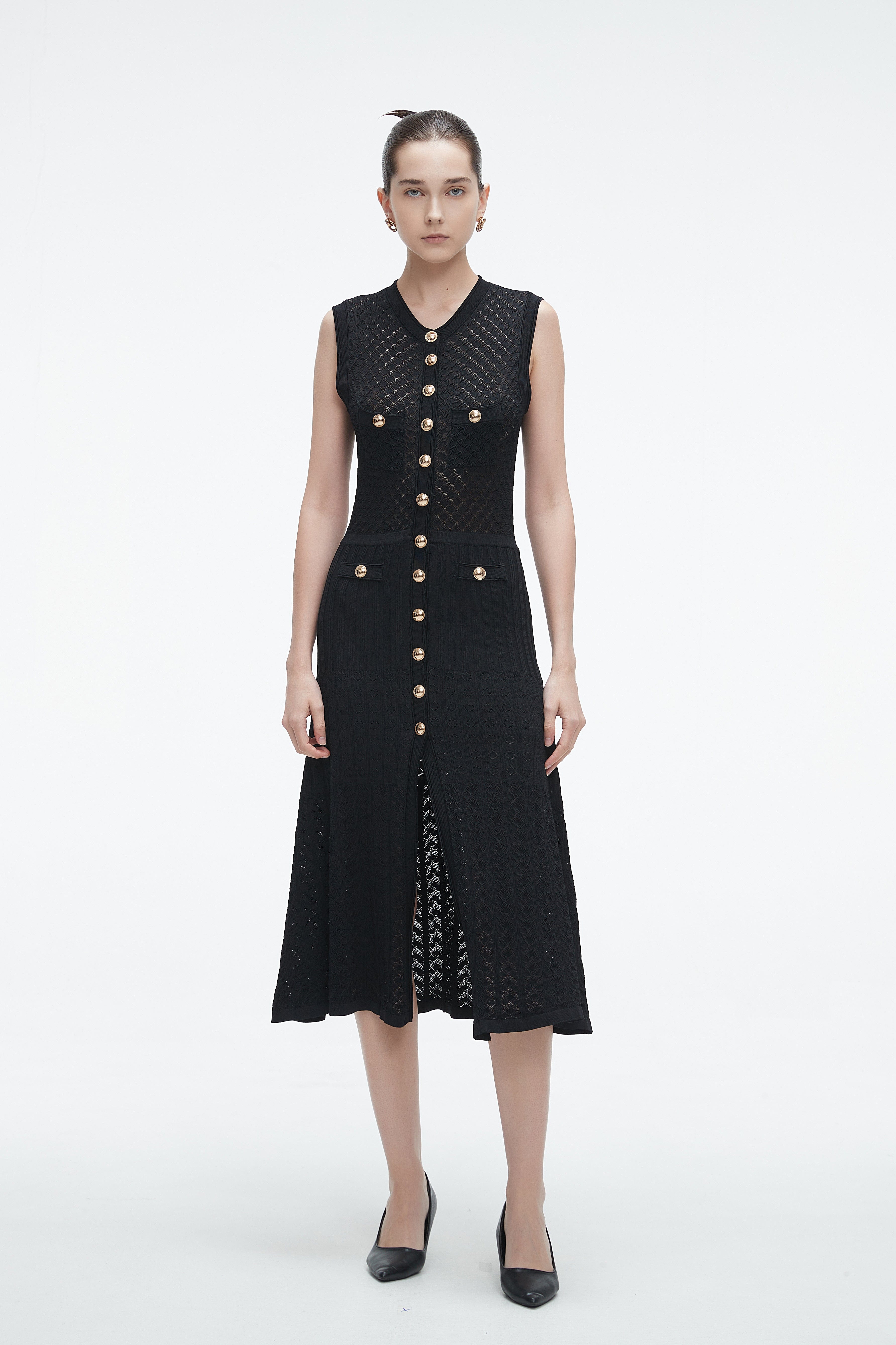 Yola Midi Dress with Front Buttons and Slit