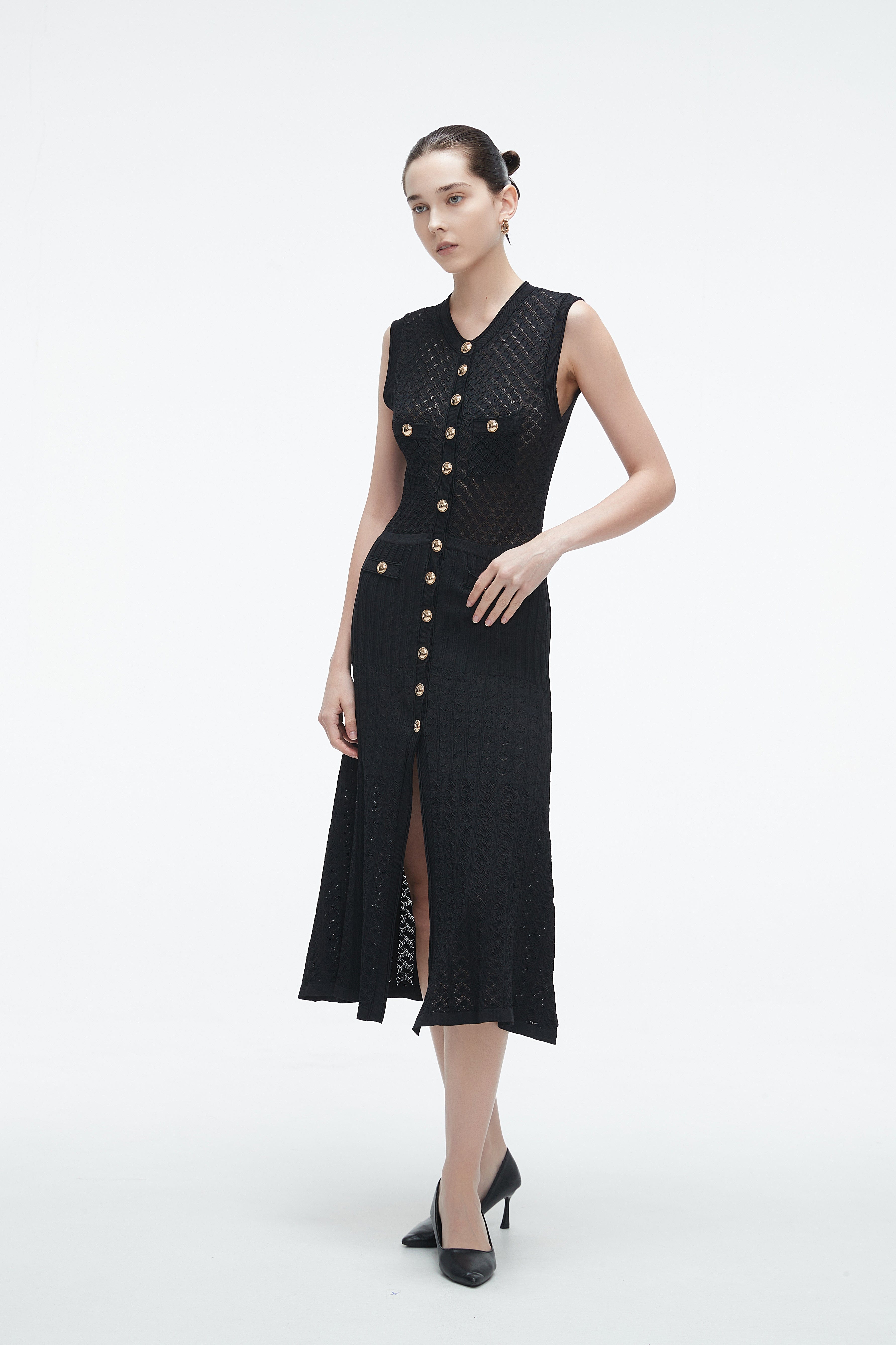 Yola Midi Dress with Front Buttons and Slit