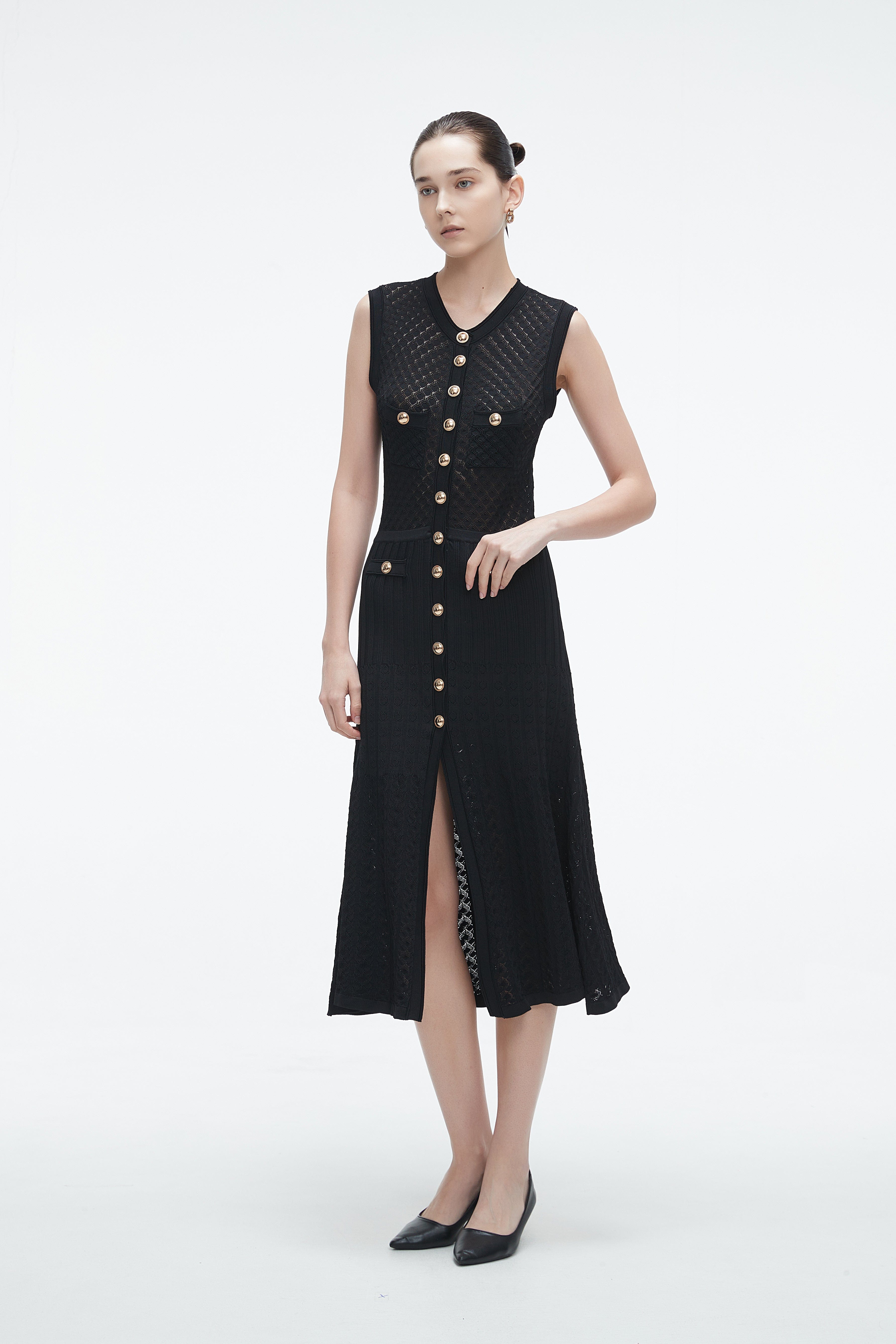 Yola Midi Dress with Front Buttons and Slit