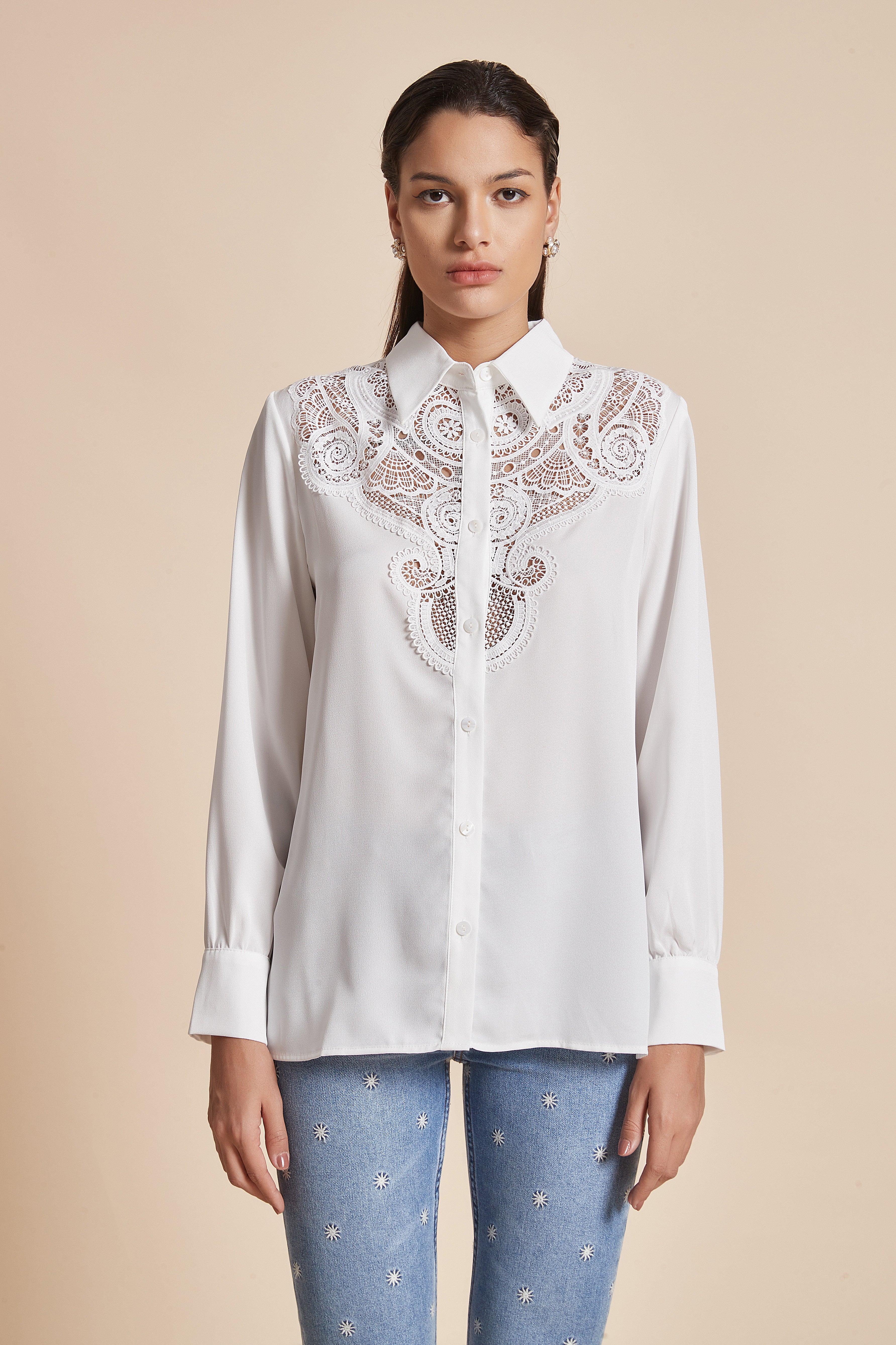 Yola Long-Sleeve Women's Blouse with Front Buttons, Shirt Collar, and Embroidered Design