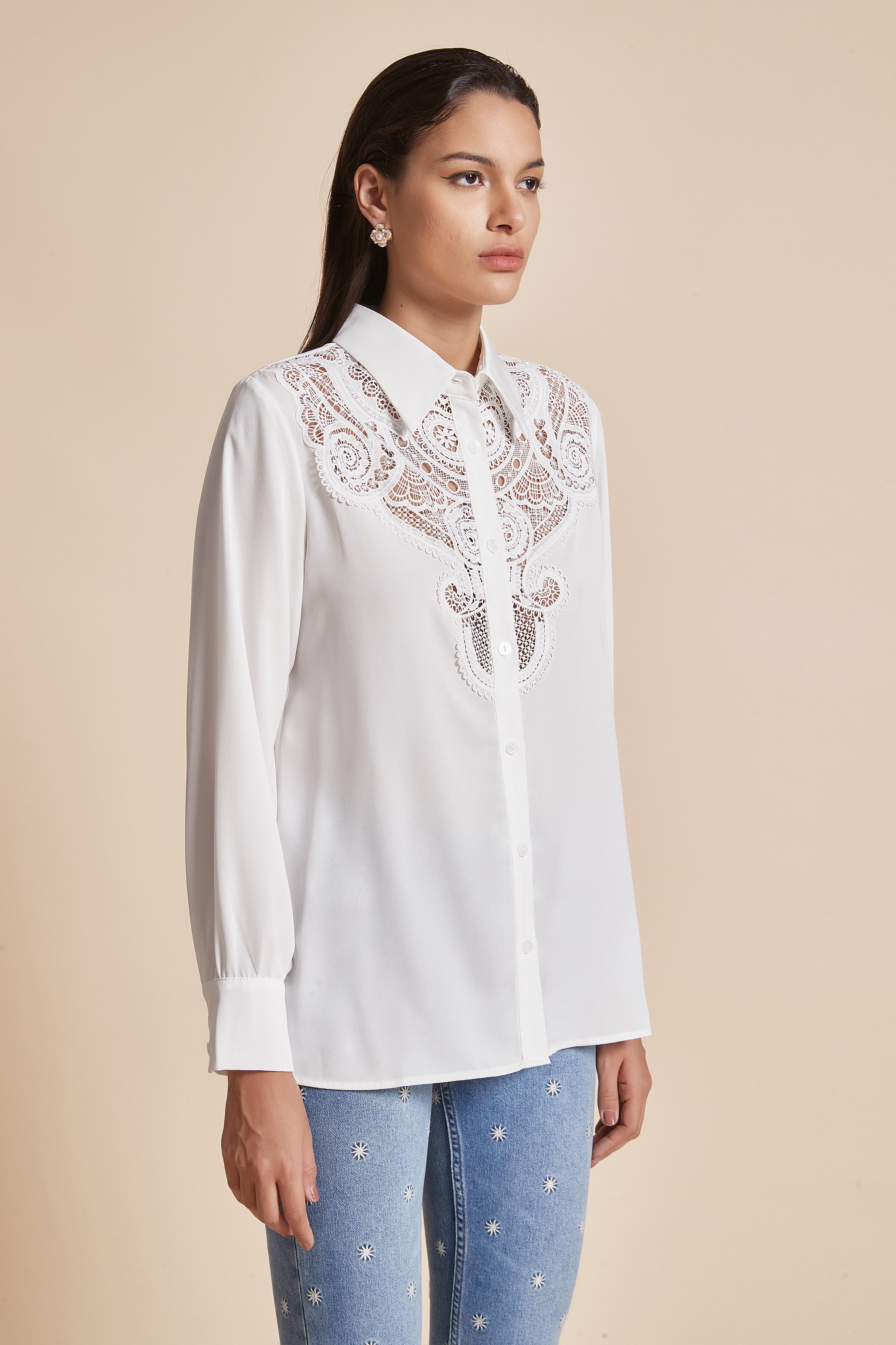 Yola Long-Sleeve Women's Blouse with Front Buttons, Shirt Collar, and Embroidered Design