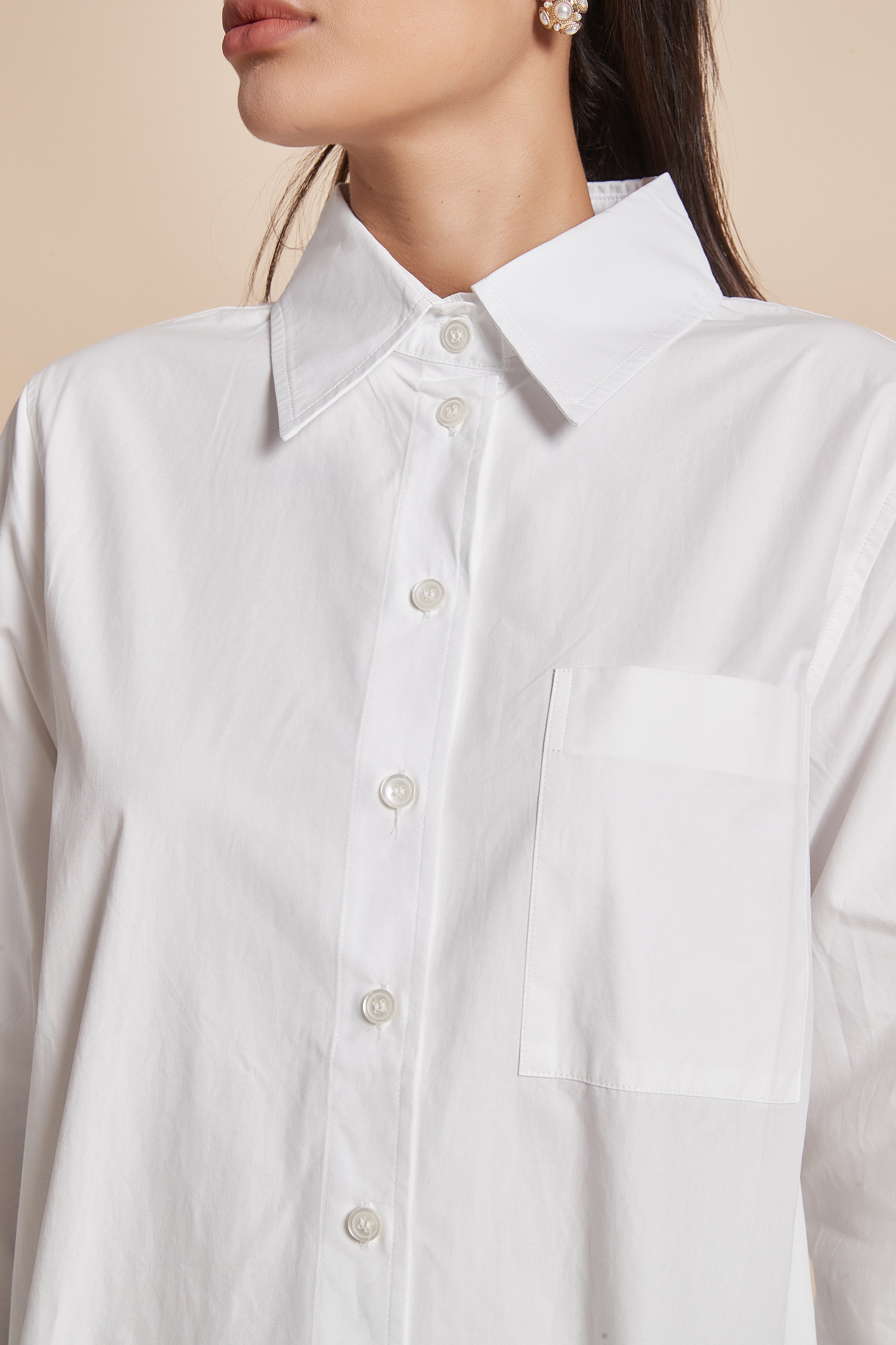 Yola Plain Hip-Length Women's Blouse with Long Sleeves, Shirt Collar, and Front Buttons