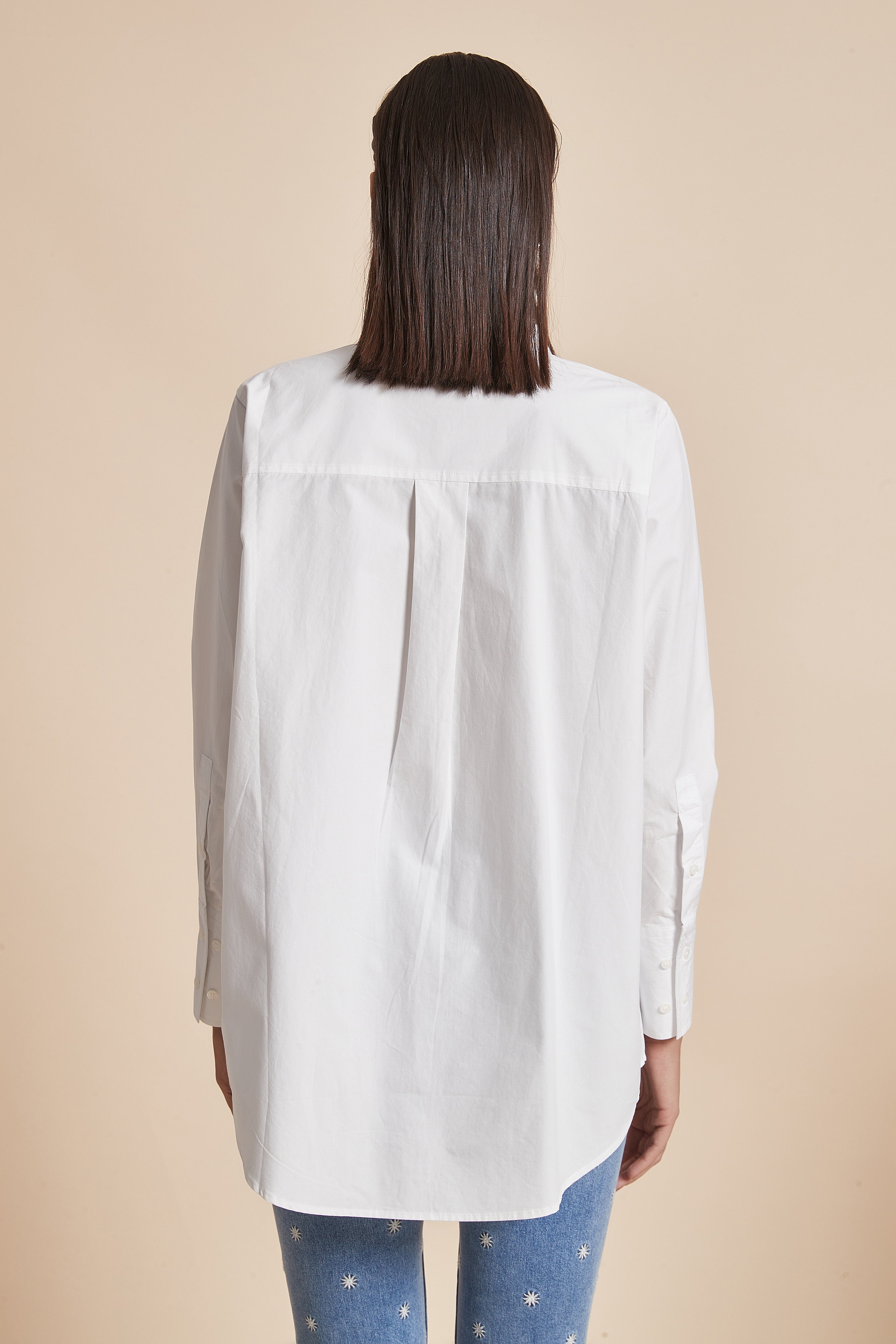 Yola Plain Hip-Length Women's Blouse with Long Sleeves, Shirt Collar, and Front Buttons