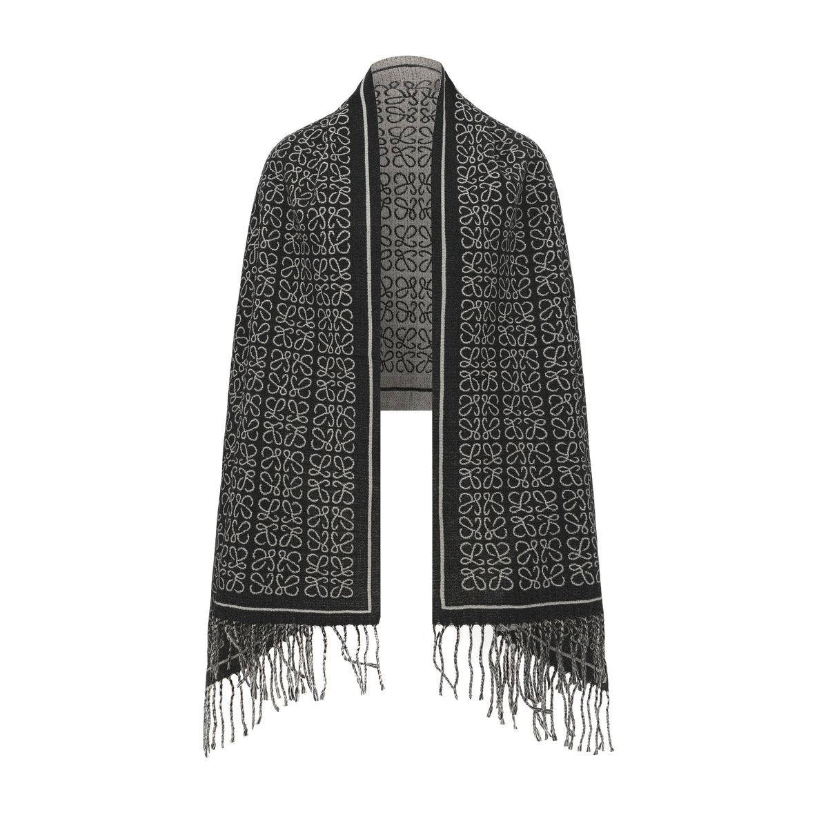 Long Patterned Oval-Neck Scarf With Bottom Fringe