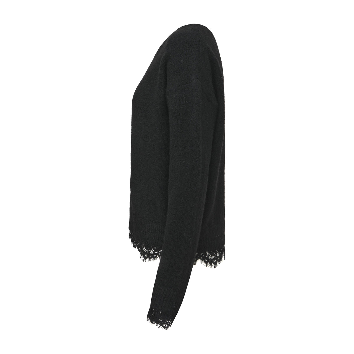Short Plain Long-Sleeve Sweater With Lace Hem