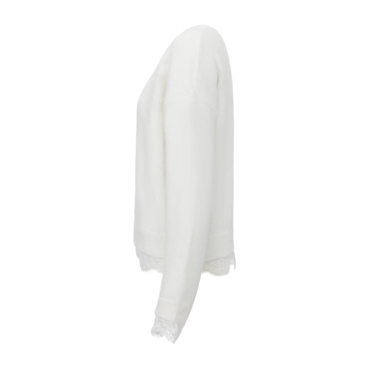 Short Plain Long-Sleeve Sweater With Lace Hem